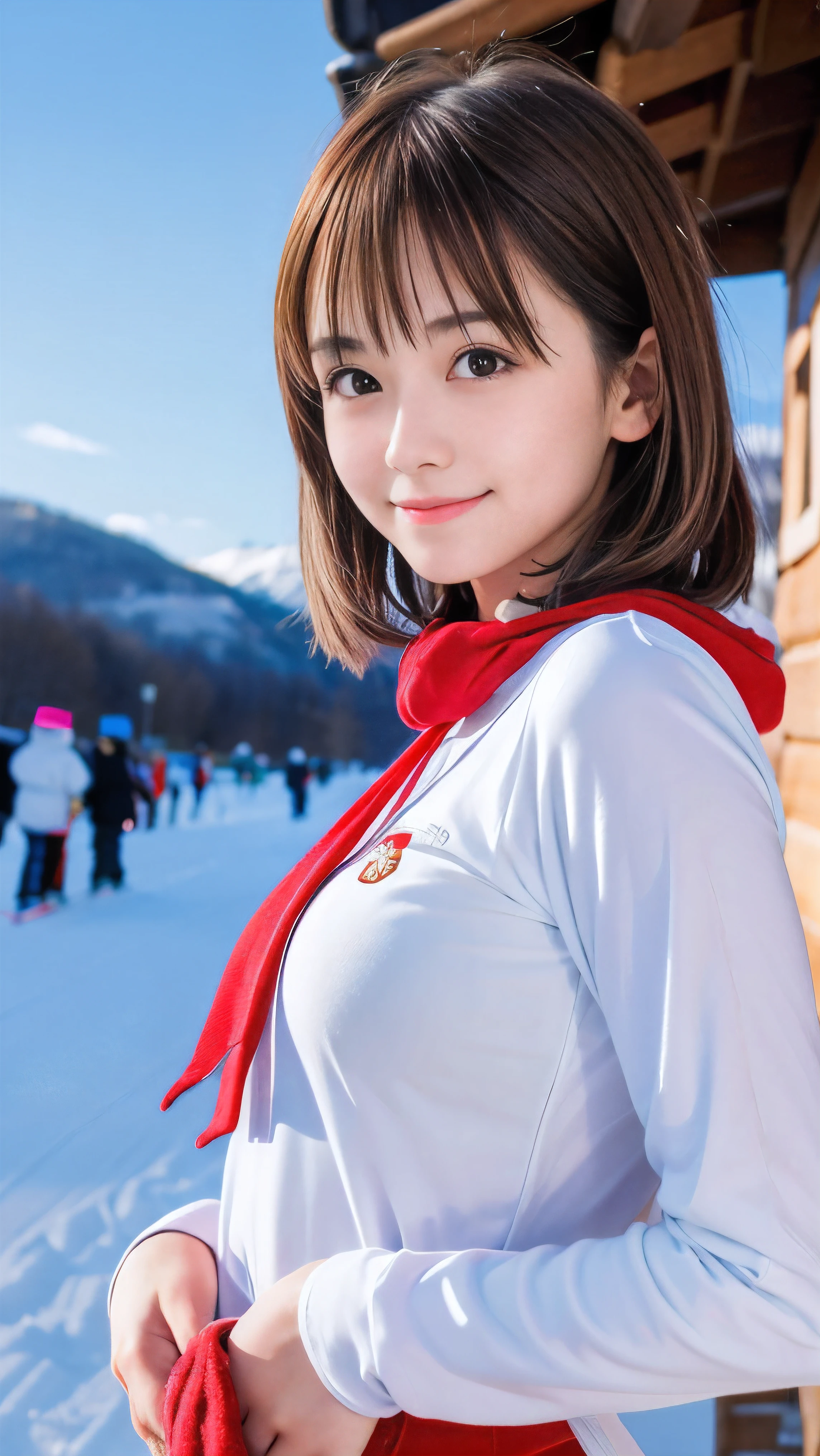 (Face shot of one slender small breasts round face brown short hair with bangs girl in long sleeve and long pants colorful snow board wear without logo:1.5)、(One girl is playing snow board with a show face and a small smile :1.5)、(Snow Ski Garden:1.5)、(Beautiful blue sky 1.5)、(No mask:1.3)、(blurred background:1.5)、(Natural light:1.5)、(8k ultra detailed master piece:1.5)、(perfect anatomy:1.5)、(Photorealistic stick:1.5)、(Raw photo:1.3)、(highest quality:1.5)、(High resolution:1.3)、(Delicate and beautiful perfect face:1.3)、(Delicate and beautiful eye air skin:1.3)、(Real Human Skin:1.3)、((thin legs))