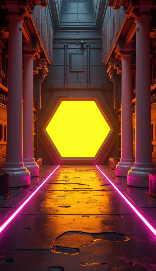 ((( masterpiece))),  envelopes, 8K CG wallpaper ultra detailed LEDs cyber punk tunnel abyss center yellow hexagon metal color red 0.1% purple with three white pillars neon 