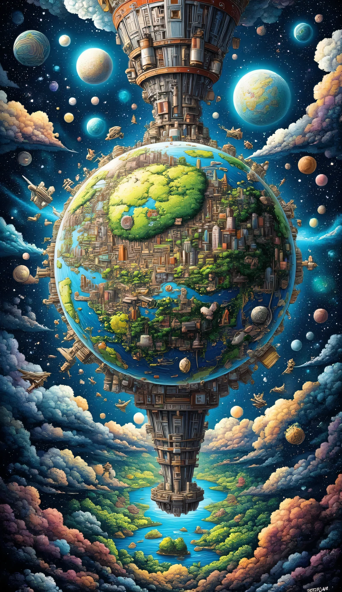 A huge space colony in the shape of an O'Neill cylinder floats in the capacity of space , are surrounded by a field of stars and a glowing Nebula . The composition is detailed with transparent panels showing green and lush landscapes, Future cities , Rivers inside . . Huge Gigantic Gundam mechanisms hover near the colony for protection , while small spacecraft fly between the colony and a nearby space station . The lighting highlights the intricate details of the future architecture , Complex art , The complex texture ,