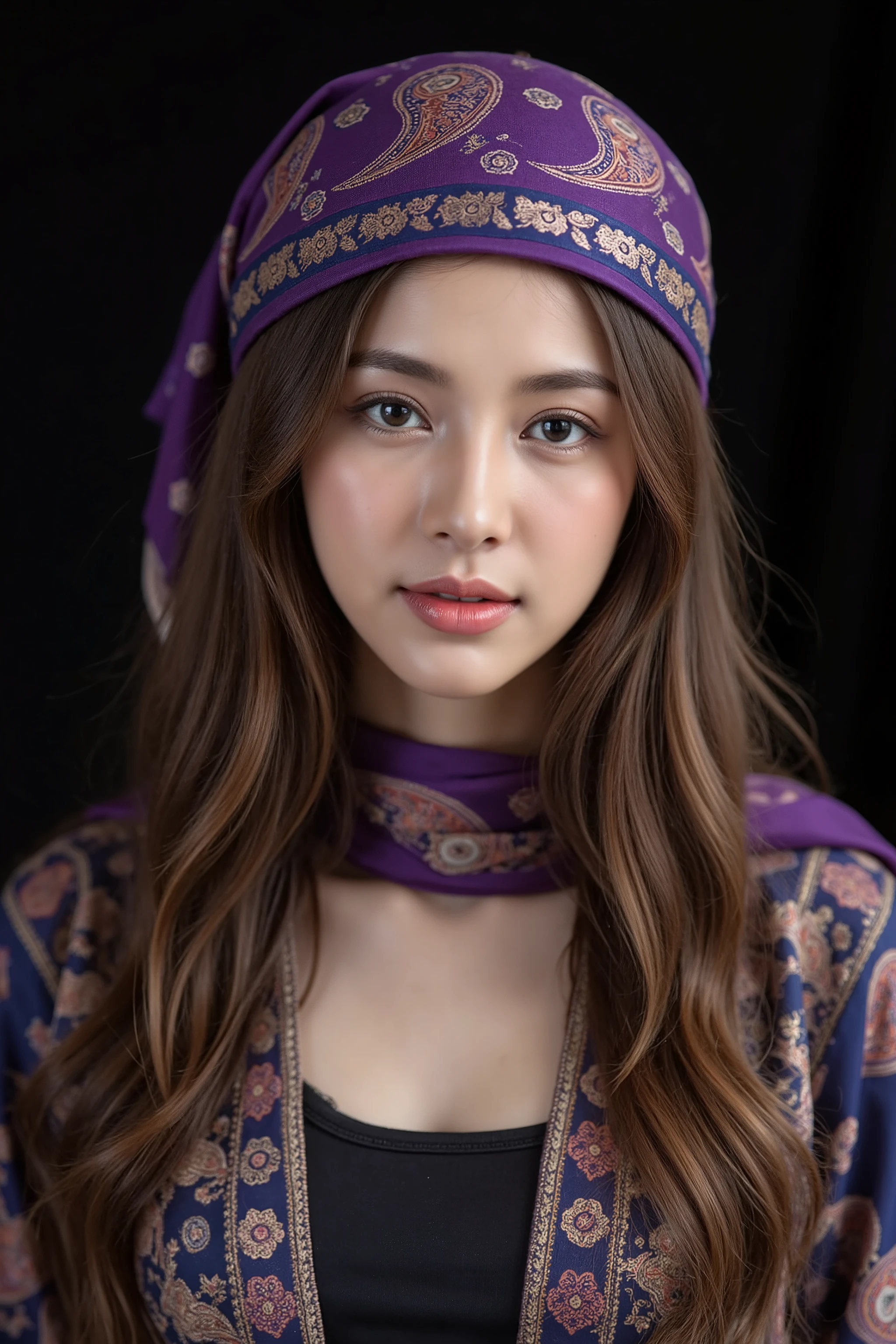This photograph captures a young Asian woman with fair skin and long, straight brown hair, adorned in traditional attire. She wears a vibrant purple headscarf with intricate paisley patterns and a matching scarf around her neck, both featuring rich blue and gold details. Her makeup is subtle, highlighting her natural beauty. The dark background accentuates the vivid colors of her clothing. The image exudes a sense of cultural elegance and sophistication.