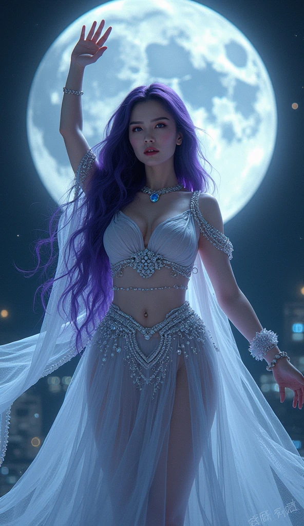 Amidst the ethereal glow of a vaporwave-inspired lunar colony, a hauntingly beautiful unclothed figure made of smoke and vapor emerges. A spectral being, draped in flowing iridescent robes, drifts through the long exposure high fashion photograph with an otherworldly grace. The image, a stunning digital art piece, is bathed in a dreamlike haze of pastel colors and neon lights, capturing the ghostly presence in exquisite detail. Every pixel pulsates with a sense of eerie elegance, inviting viewers to linger and contemplate the ghostly beauty of this lunar realm.