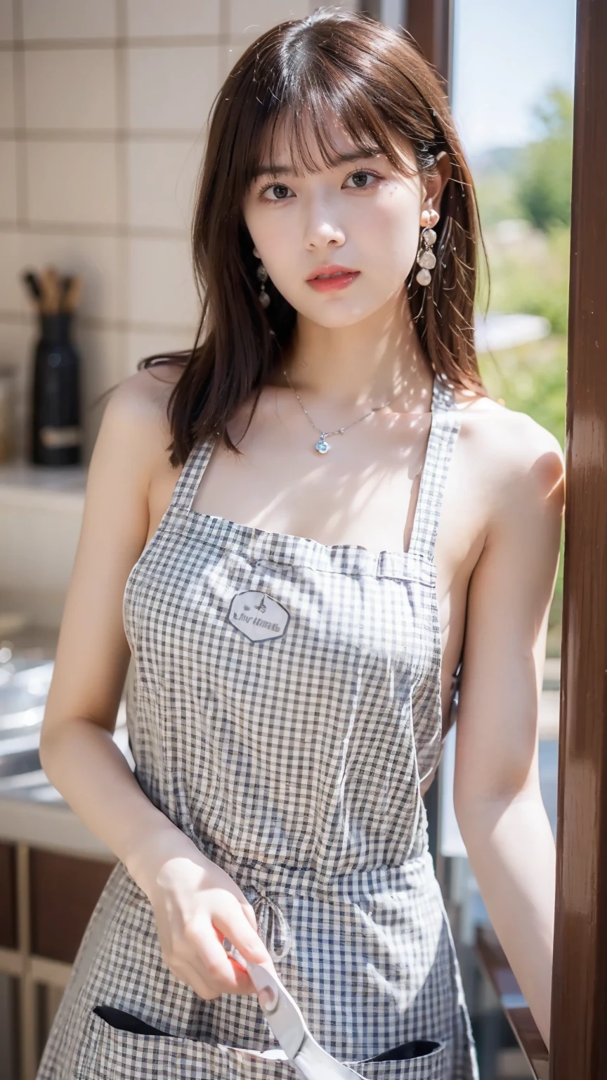 hightquality、masterpiece、ultra res、cute girl face、kitchin、barechested、pinafore、Naked apron、full bodyesbian、Famous actresses of Japan、very beautiful face, 8K, sharp focus, natural big breast, bra