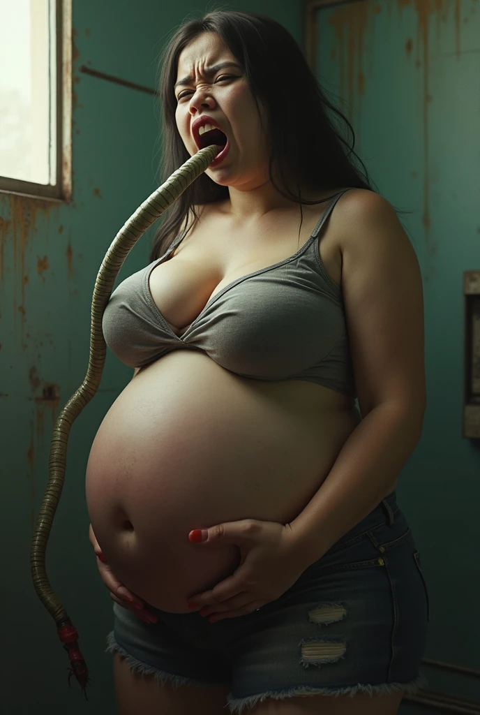 A 40 year old Russian woman in a bikini, kneeling looking up, The image is viewed in first person, looking up., sticking out her tongue without makeup and pregnant 