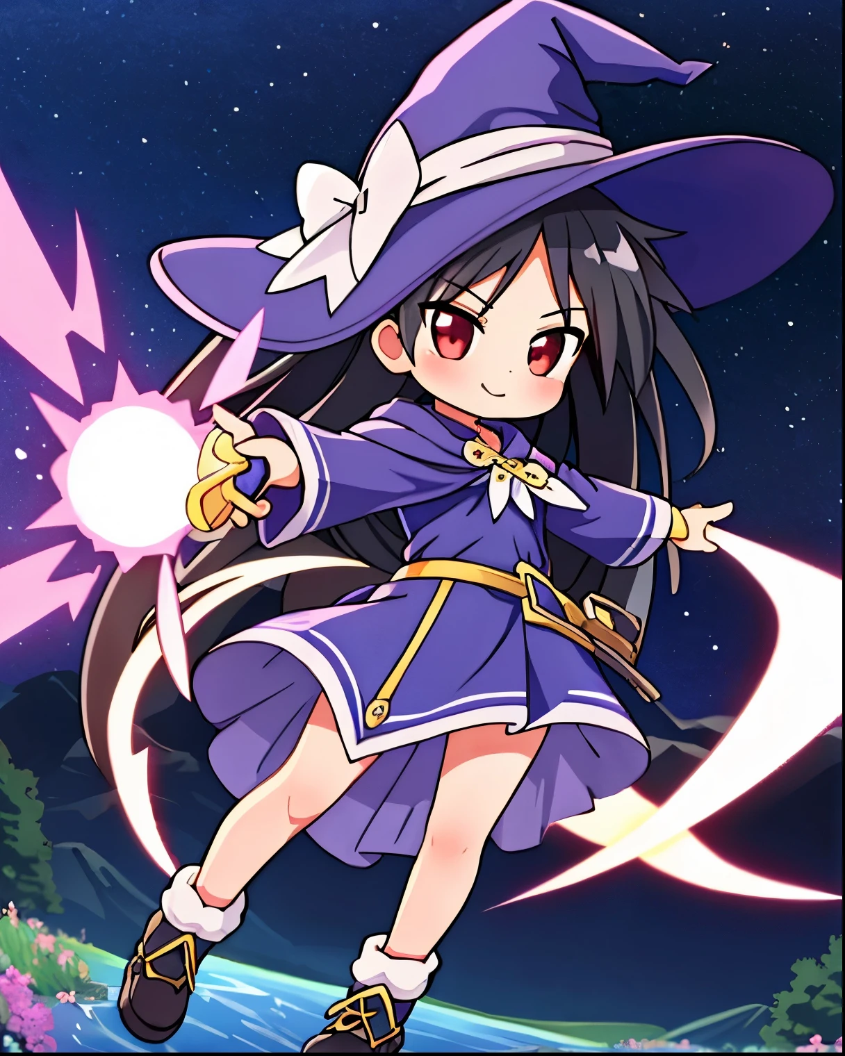 (masterpiece, best quality), intricate details,
1girl, long black straight hair, dress, purple dress, hat, witch hat, pink details on dress, wizard gloves, wizard shoes, night sky stars, field mountains and river, shrugging, smug, thicc thighs, red eyes, black hair, black hair straight, red eyes, making an attack pose charging some magic attack, full body picture.