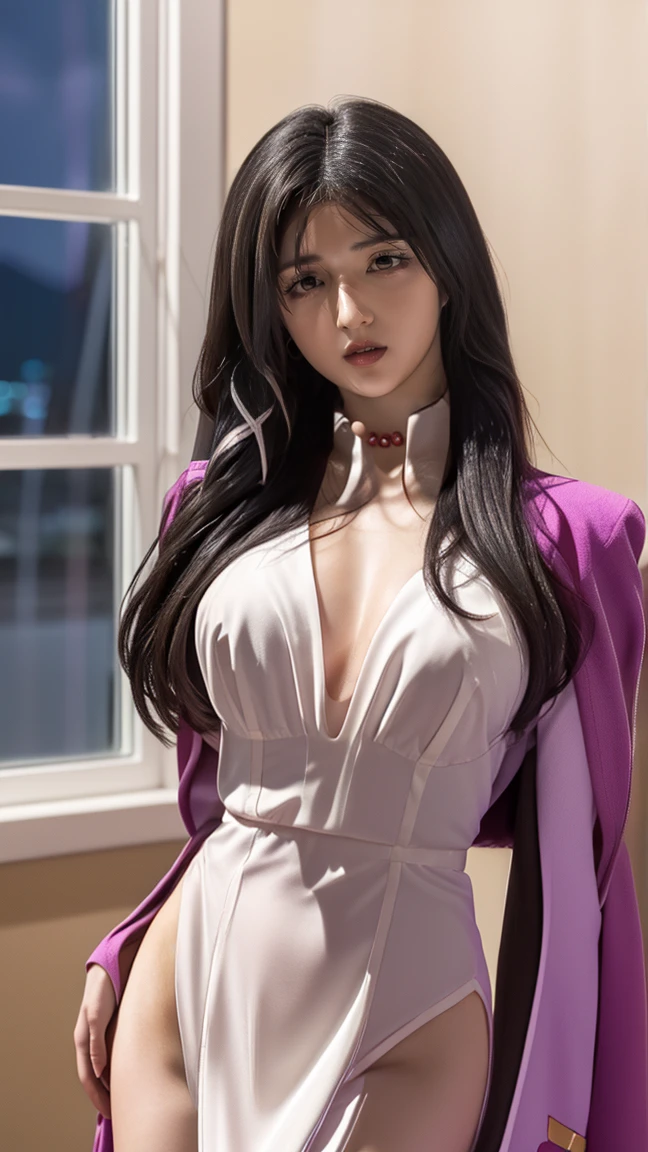 Gentle and beautiful woman, half-body photo, delicate sexy collarbone, charming oval face, Double eyelids, smart peach blossom eyes, Pink lips, a small nose, bare shoulder, focused face, face closeup, ultra-definition, Super details, Elegant standing, Black British college style double-breasted casual loose korean style small suit jacket, Pair with a black pleated skirt suit
