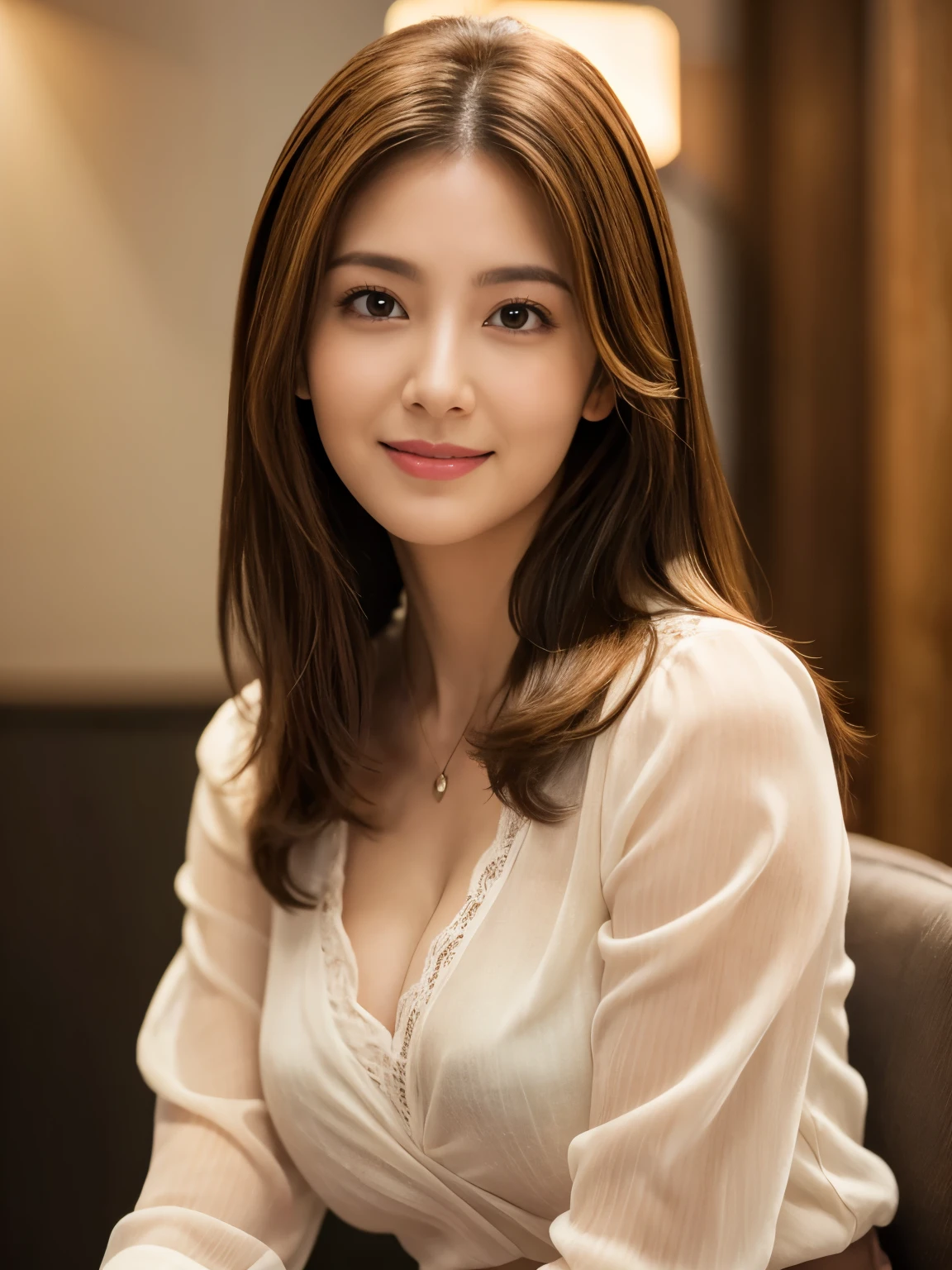 (Raw Photo), (Photorealsitic), (Masterpiece), (Best Quality), High Resolution, 8K, (Intricate Details), (Voluminous Light), Portrait, Female, 35 Years Old, Medium Hair, Straight Hair, medium breasts, layered hair, brown hair, very fine eyes, source order, very fine eyebrows, very fine skin, very fine mouth, very fine nose, cute like an idol, happy smile, (thick lips), (looking at the viewer), (elegant blouse), waist shot,