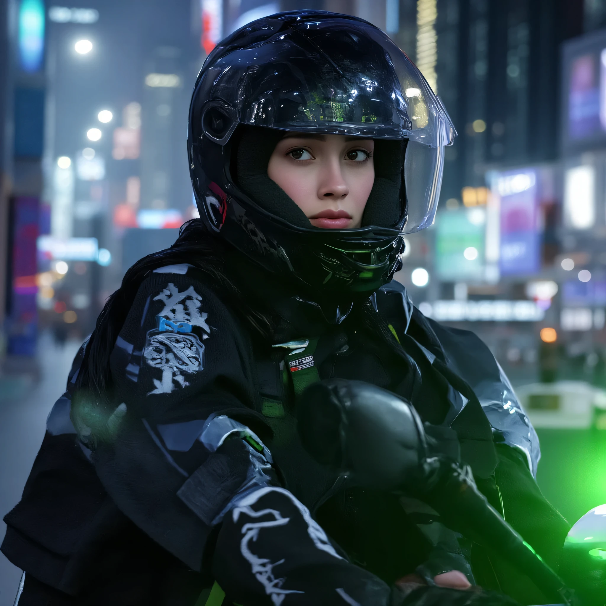 Highest image quality, outstanding details, ultra-high resolution, (realism: 1.4), the best illustration, favor details, highly condensed 1girl, with a delicate and beautiful face, dressed in a black and green mecha, wearing a mecha helmet, holding a directional controller, riding on a motorcycle, the background is a high-tech lighting scene of the future city. surreal illustration, surreal rendering, clean digital rendering, photo realistic rendering, surreal illustration