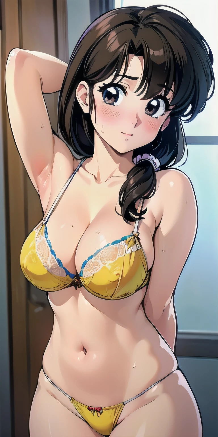 beauty smile blush Embarrassed Black Hair Yellow bra Yellow garter belt Yellow underwear Big Breasts Areola Hands on hips Armpits Thick pubic hair locker room