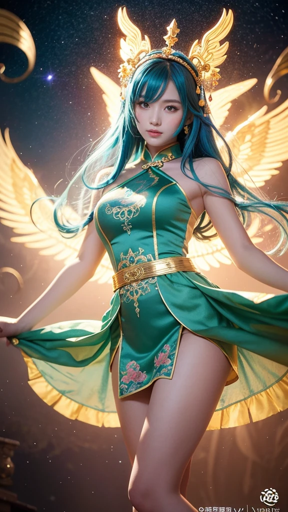 Cute girl, long hair falling like threads of liquid gold and sparkling under the light, eyes of emerald green, sparkling like precious stones, skin as soft as flower petals, with a light color resembling moonlight, big breasts, wearing a dress that shines like magic, decorated with delicate patterns resembling stars. Around her waist was a belt of light feathers that trembled and beat like a heart.