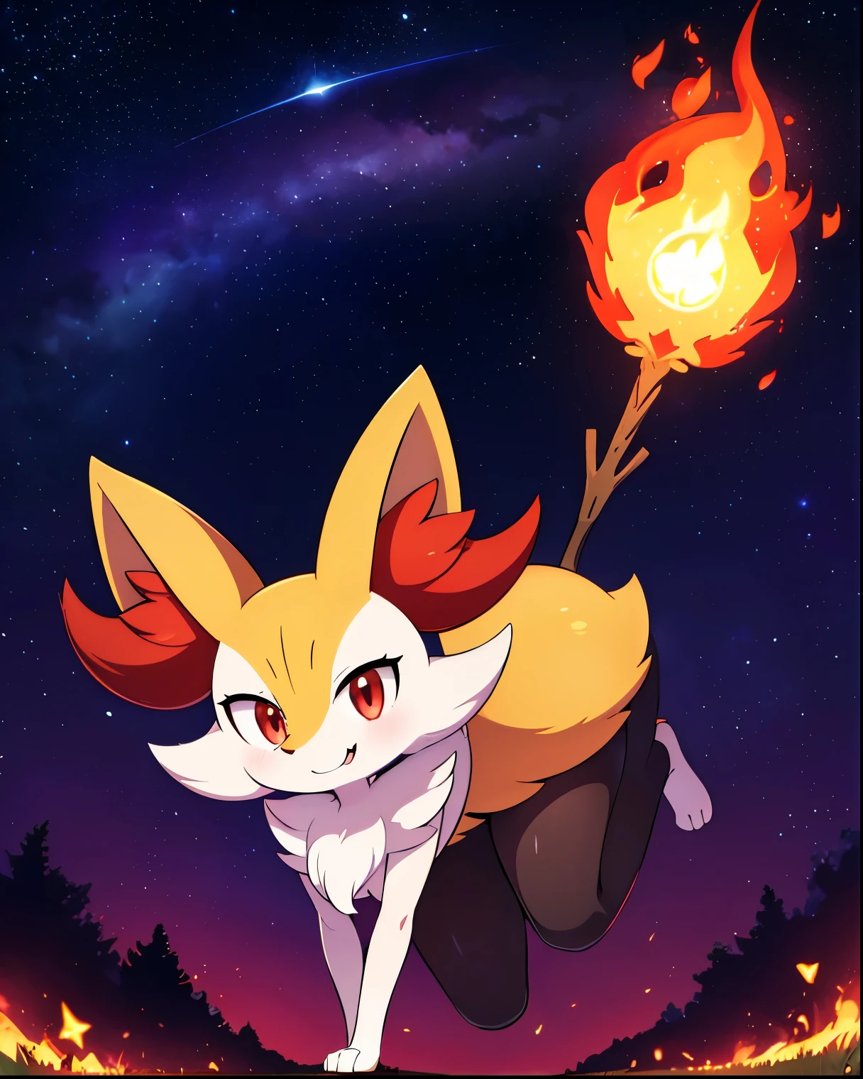 real e621, photorealistic, masterpiece, Braixen_(pokemon), looking at viewer, sharp red eyes, full body portrait, sweet smile, humanoid furry body, sexy, sexy pose, full body, female charm, smiling, nigh sky, brilliant stars night field as background, magic stick on right hand, conjuring fire magic, smug