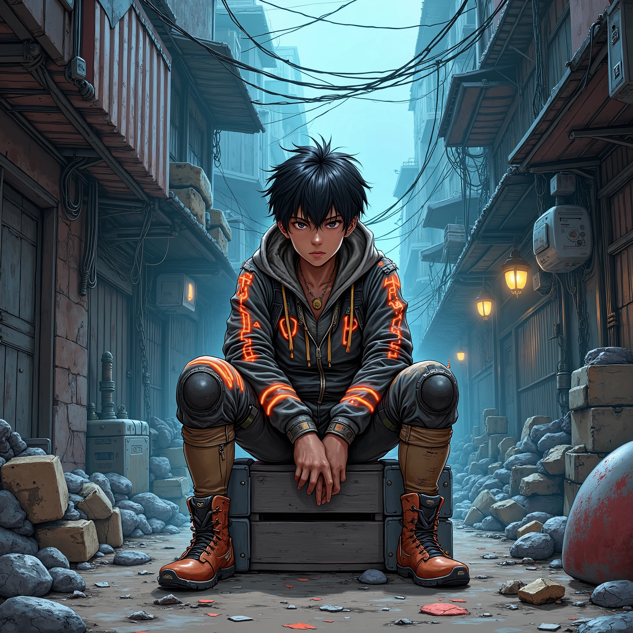 Generate an image in Shonen art style depicting a poor boy struggling for survival in a futuristic sci-fi slum. He is sitting front-facing on a broken wooden crate in the middle of the slum, wearing tattered, patched clothing with glowing neon elements, hinting at a dystopian, high-tech world. The background features a densely packed slum built from metallic and electronic scraps, with rundown shacks, narrow neon-lit alleyways, and scattered tech debris. The atmosphere emphasizes the harsh realities of survival while showcasing resilience and determination in a gritty, urban sci-fi setting.