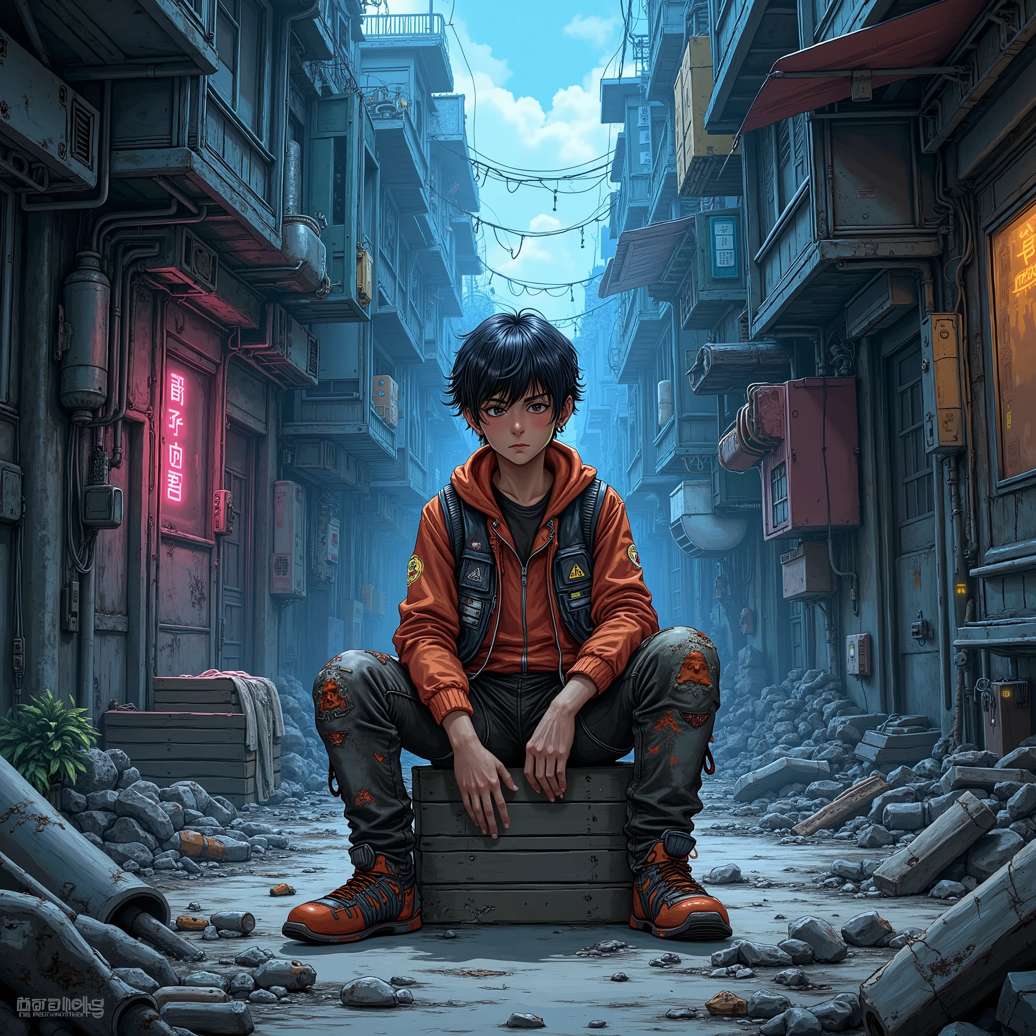 Generate an image in Shonen art style depicting a poor boy struggling for survival in a futuristic sci-fi slum. He is sitting front-facing on a broken wooden crate in the middle of the slum, wearing tattered, patched clothing with glowing neon elements, hinting at a dystopian, high-tech world. The background features a densely packed slum built from metallic and electronic scraps, with rundown shacks, narrow neon-lit alleyways, and scattered tech debris. The atmosphere emphasizes the harsh realities of survival while showcasing resilience and determination in a gritty, urban sci-fi setting.