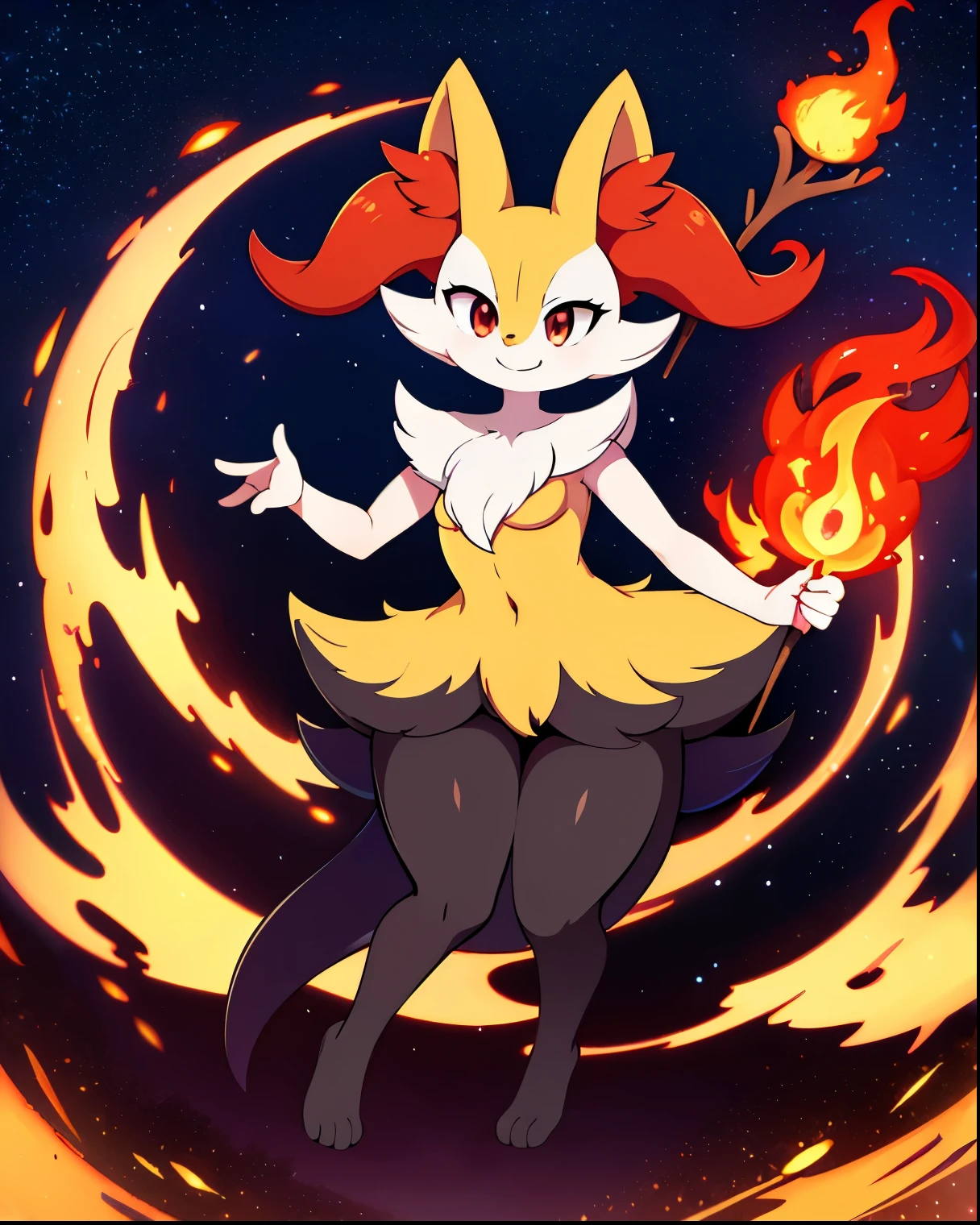 real e621, photorealistic, masterpiece, Braixen_(pokemon), looking at viewer, sharp red eyes, full body portrait, sweet smile, humanoid furry body, sexy, sexy pose, full body, female charm, smiling, nigh sky, brilliant stars night field as background, magic stick on right hand, conjuring fire magic, smug
