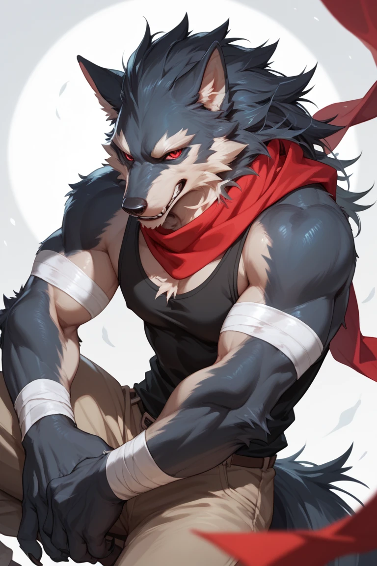 Blue wolf purple-red eyes, , Long black hair, Tail, The chest is slightly raised,red and black costume,With a smile,Two tiny ears,White skin