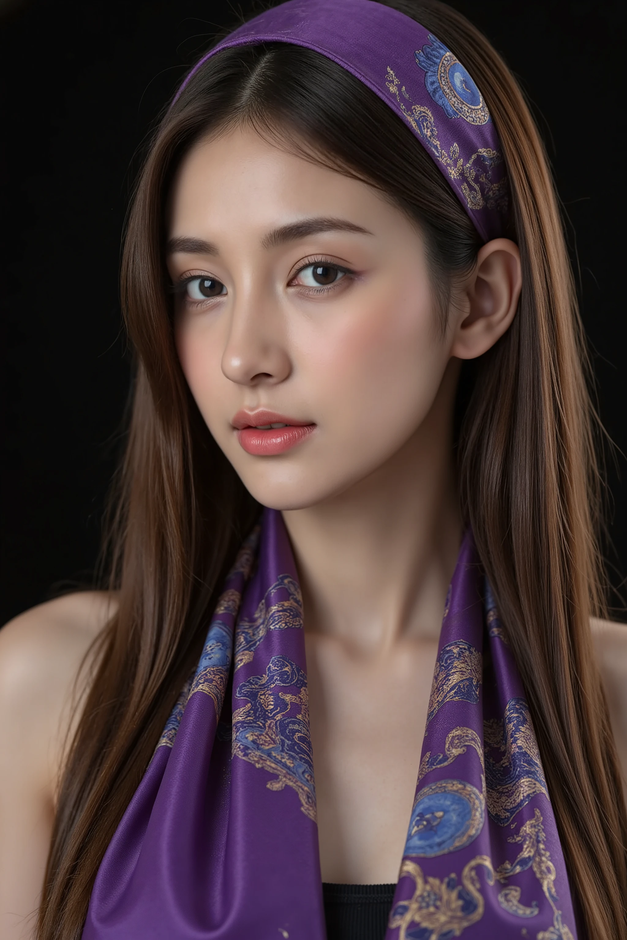 This photograph captures a young Asian woman with fair skin and long, straight brown hair, adorned in traditional attire. She wears a vibrant purple headscarf with intricate paisley patterns and a matching scarf around her neck, both featuring rich blue and gold details. Her makeup is subtle, highlighting her natural beauty. The dark background accentuates the vivid colors of her clothing. The image exudes a sense of cultural elegance and sophistication.