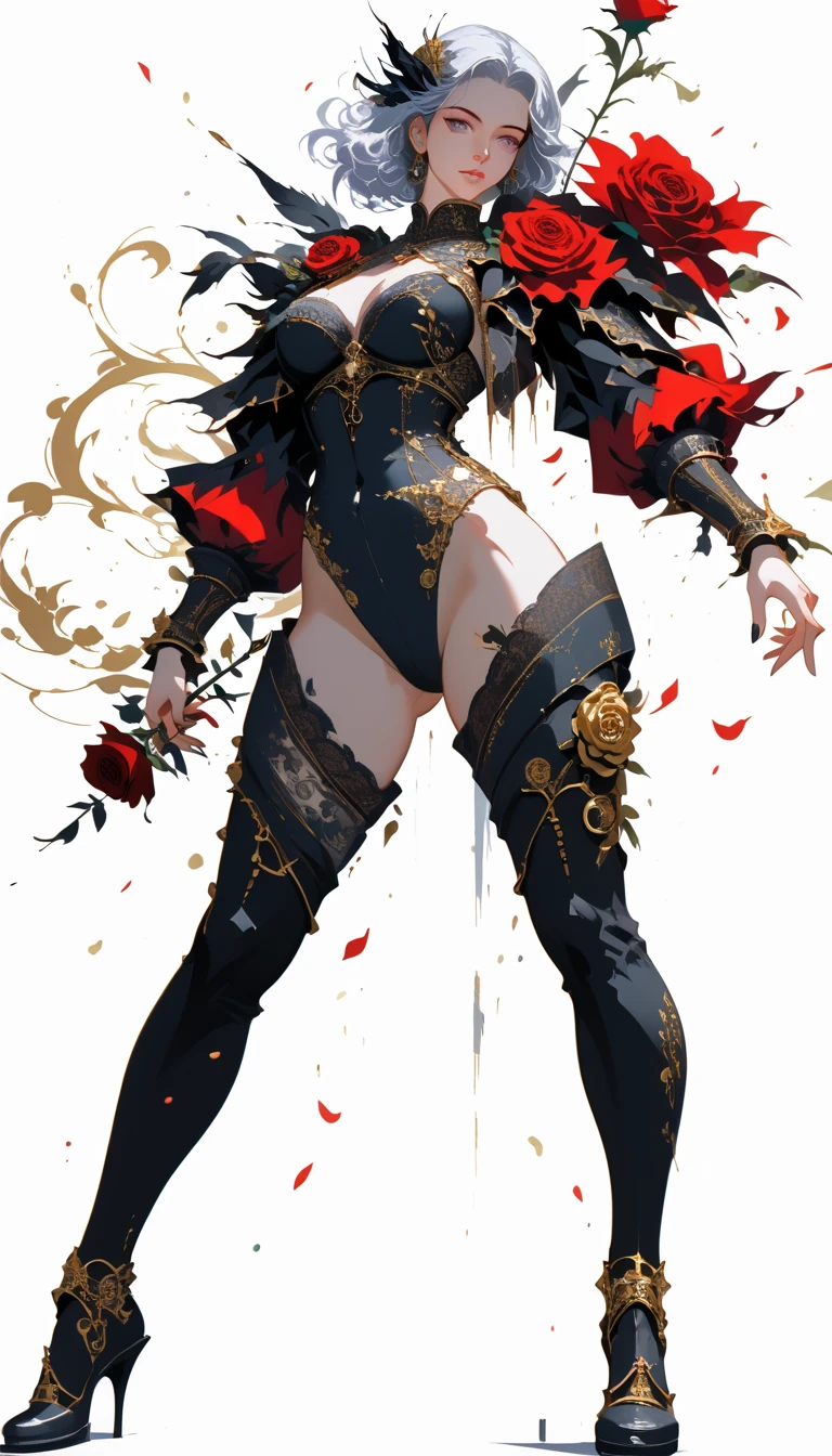 wuxia,vector art, beautiful and delicate face, 1ebony woman with tattoos, long blonde hair, Red and black corset and tight skirt, super colorful, luminous colorization, sharp, cinematic, dof, 35mm, pintura luminosa, full body, standing in obscure background.