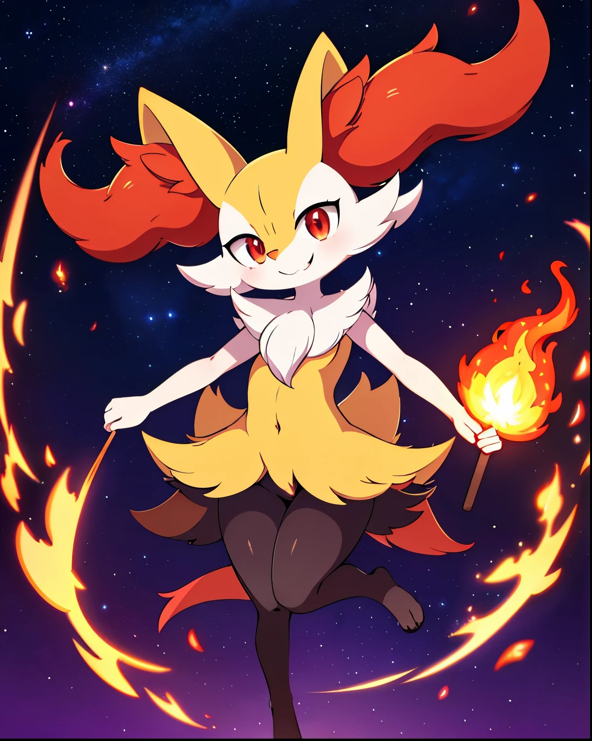 real e621, photorealistic, masterpiece, Braixen_(pokemon), looking at viewer, sharp red eyes, full body portrait, sweet smile, humanoid furry body, sexy, sexy pose, full body, female charm, smiling, nigh sky, brilliant stars night field as background, magic stick on right hand, conjuring fire magic, smug