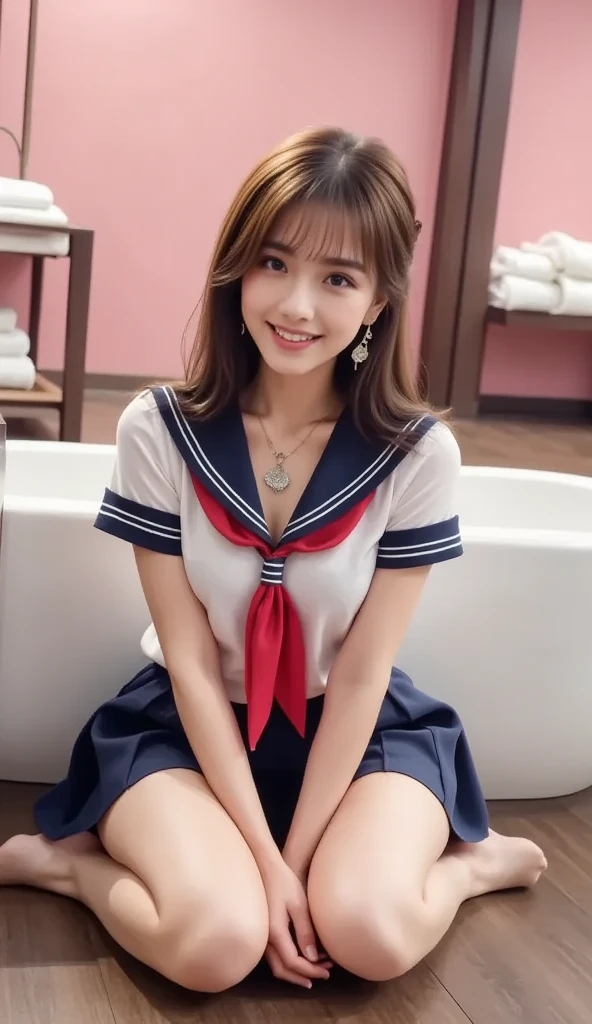   realistic、 Real people々 、  high resolution 、  realistic pictures、 Real clothes 、 A woman is sitting on the floor in front of the bathtub  、  looks like an adult、  sailor suit 、  red scarf、 How to sit at the gym 、smile、The color of the wall shines pink  、Wall、  There are multiple bath towels folded on the shelf、 Holding my knees、  Miniskirt、There is a cot  