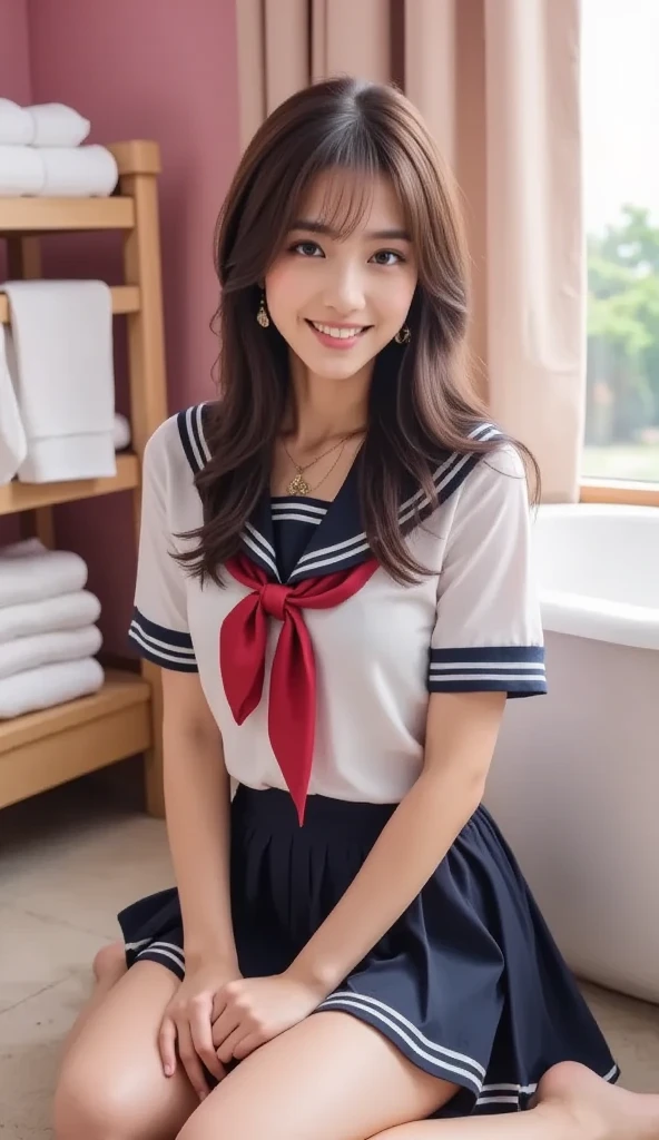   realistic、 Real people々 、  high resolution 、  realistic pictures、 Real clothes 、 A woman is sitting on the floor in front of the bathtub  、  looks like an adult、  sailor suit 、  red scarf、 How to sit at the gym 、smile、The color of the wall shines pink  、Wall、  There are multiple bath towels folded on the shelf、 Holding my knees、  Miniskirt、There is a cot  