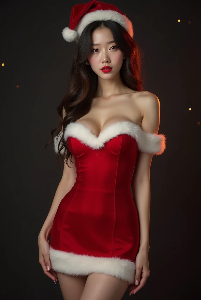 A woman in sexy costume poses in front of a Christmas tree, breast enhancement,reality,offcial art,8K quality,Super detail,fine detail skin,Movie Angle,cinematic textures,Movie lighting,Masterpiece,Best picture quality,deepshadow,Backlight,1 girl,Zhu lips,Messy hair,showing panties,pantyshot,underbust,1girll,Whole body,White_Stockings,Lace stock,Long hair,upper legs,Lace, shaxi, in red velvet stockings, , dressed in red velvet, Tumblr, very sexy devil outfit, Christmas evening, christmas dress,Korean girl, very sexy outfit, 4 k post, 4k post, a wide full shot, tohsaka-rin,