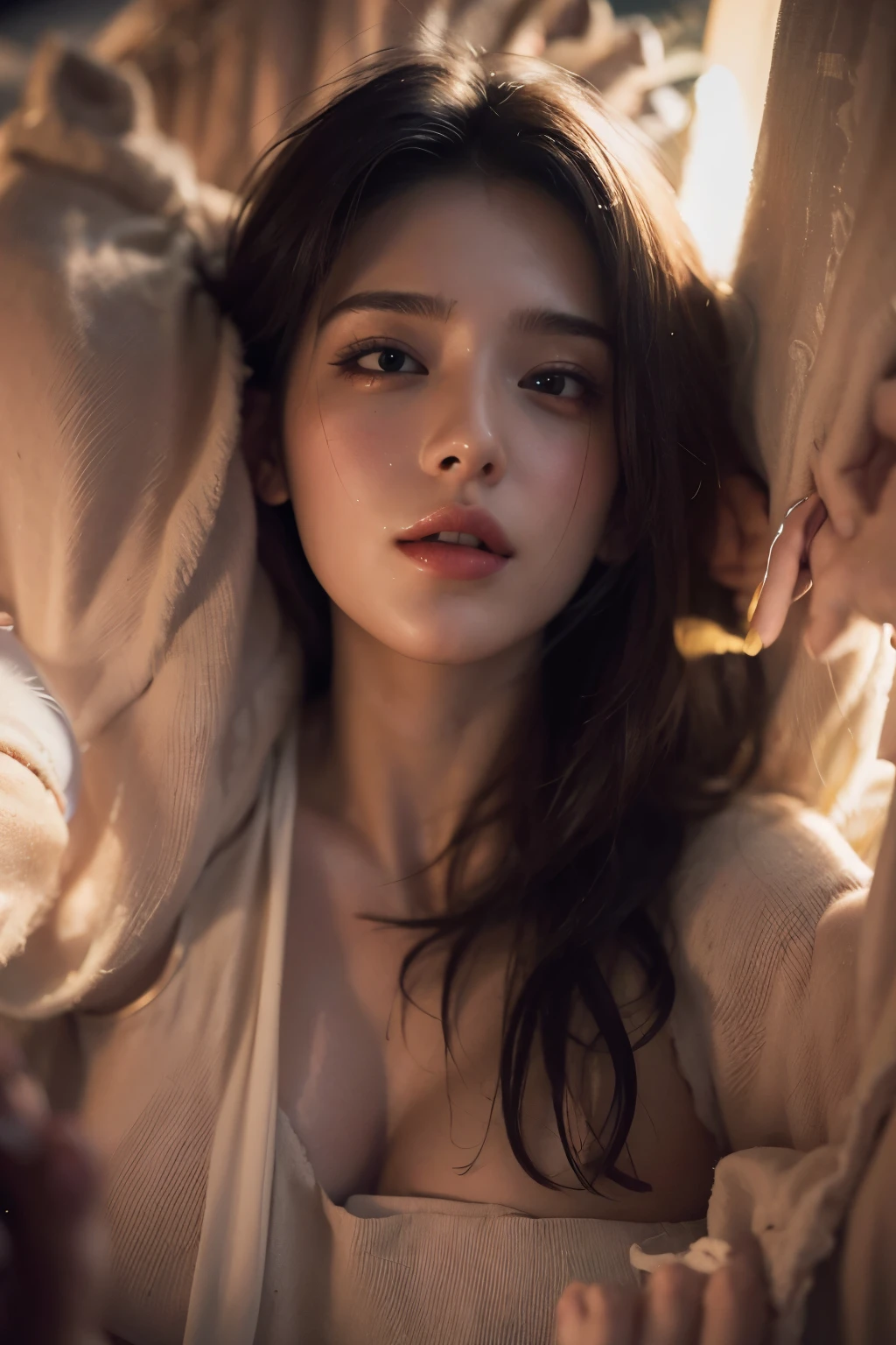 Best quality, masterpiece, ultra high res, (photorealistic:1.4), raw photo, 1girl, offshoulder, in the dark, deep shadow, low key, cold light, naked, no clothes, sexy, sexy eyes, sexy lips, little smile.