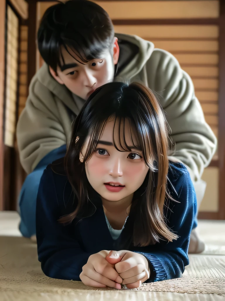 ( masterpiece 、 top quality、 ultra high definition )、( perfect face、 facial beauty、 beautiful eyes )、( on all fours 、slouch、 Japanese New Year),A man strangles you from behind、A man holds hips from behind