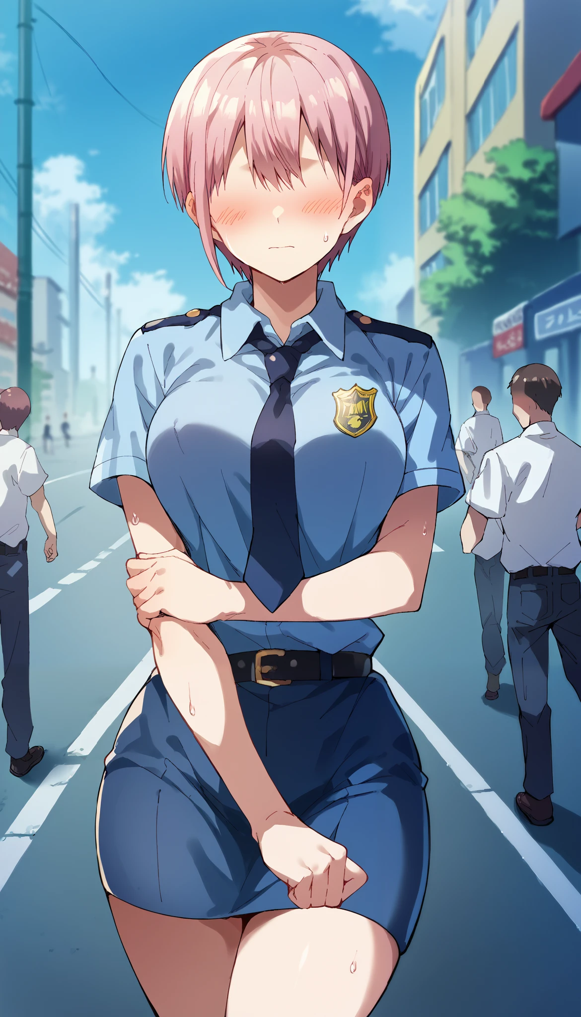 nsfw,Score_9, Score_8_up, Score_7_up, sauce_anime,
ichika nakano, Nakano Ichika, short hair, bangs, (faceless girl:1.5), Hair between the eyes, Pink Hair,
1girl, large breasts, (female police uniform), white short sleeved shirt, necktie, police badge, (hide nipple), blue skirt, (tightup micro mini skirt:1.5), embarrassed blush, cold sweat, city, road, looking at viewer, cowboy shot, multiple male, dutch angle, walking,