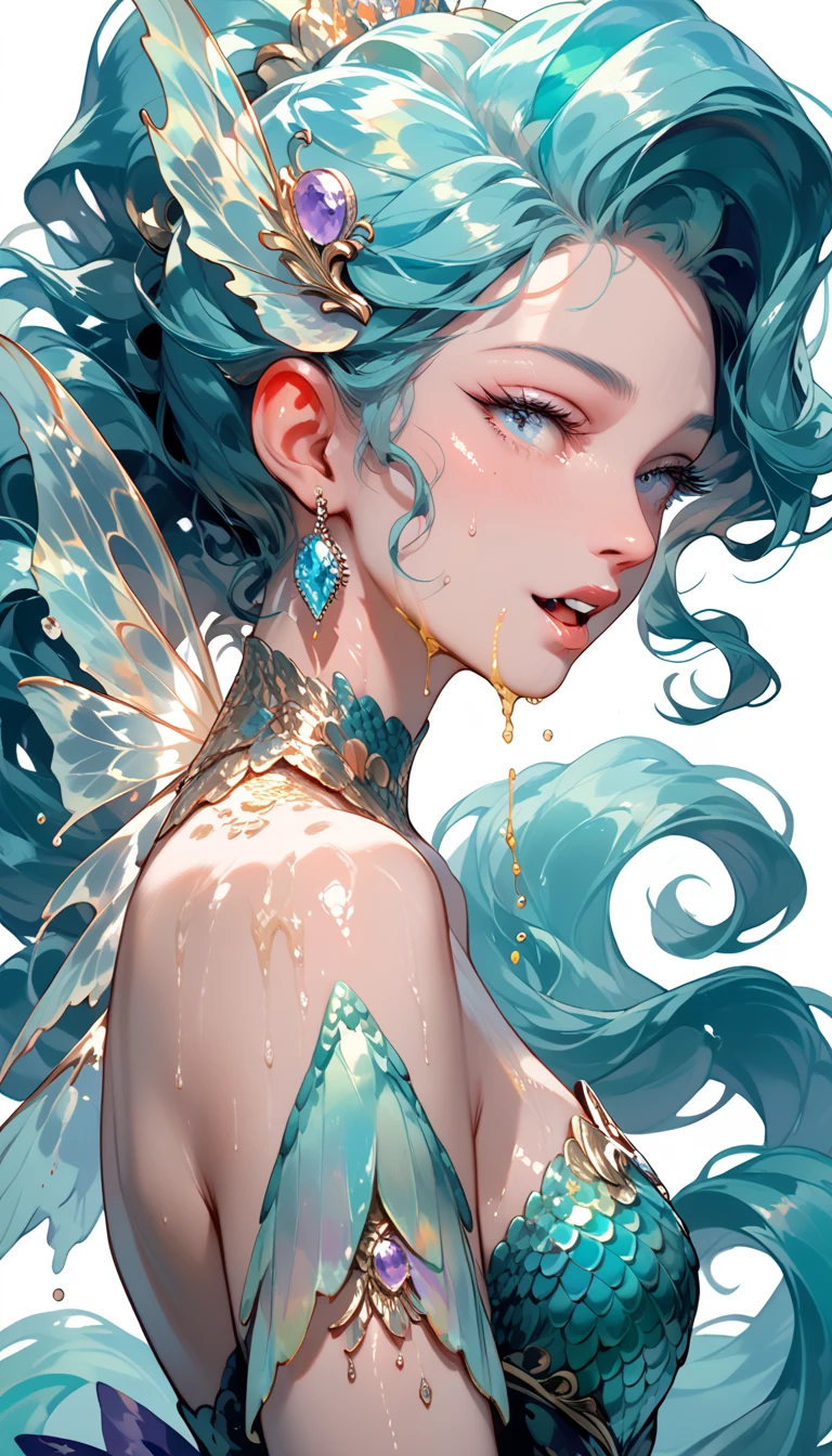 (best quality,4k,8k,highres,masterpiece:1.2, portrait), ultra-detailed, realistic, naked sexy dragon woman with green and blue glittering scales, skin is glittering green and blue scales, medium length wavy green hair with blonde highlights, very playful but mischievous smile, huge tits, gigantic breasts, naked, nude, detailed crotch, detailed vulva, sexy pose, spread legs, playful, bi-coloured eyes, heterochromia, lustful