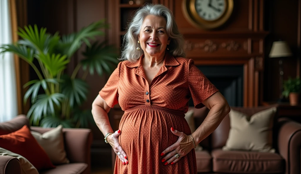 mulher idosa de 70 anos, cabelos grisalhos em coque, She's wearing a dress and has an eight-month pregnant belly, She's sitting in an armchair in her room and she's got her hands on her pregnant belly, pele enrugada, olhando pra frente, foto frontal, 8k
