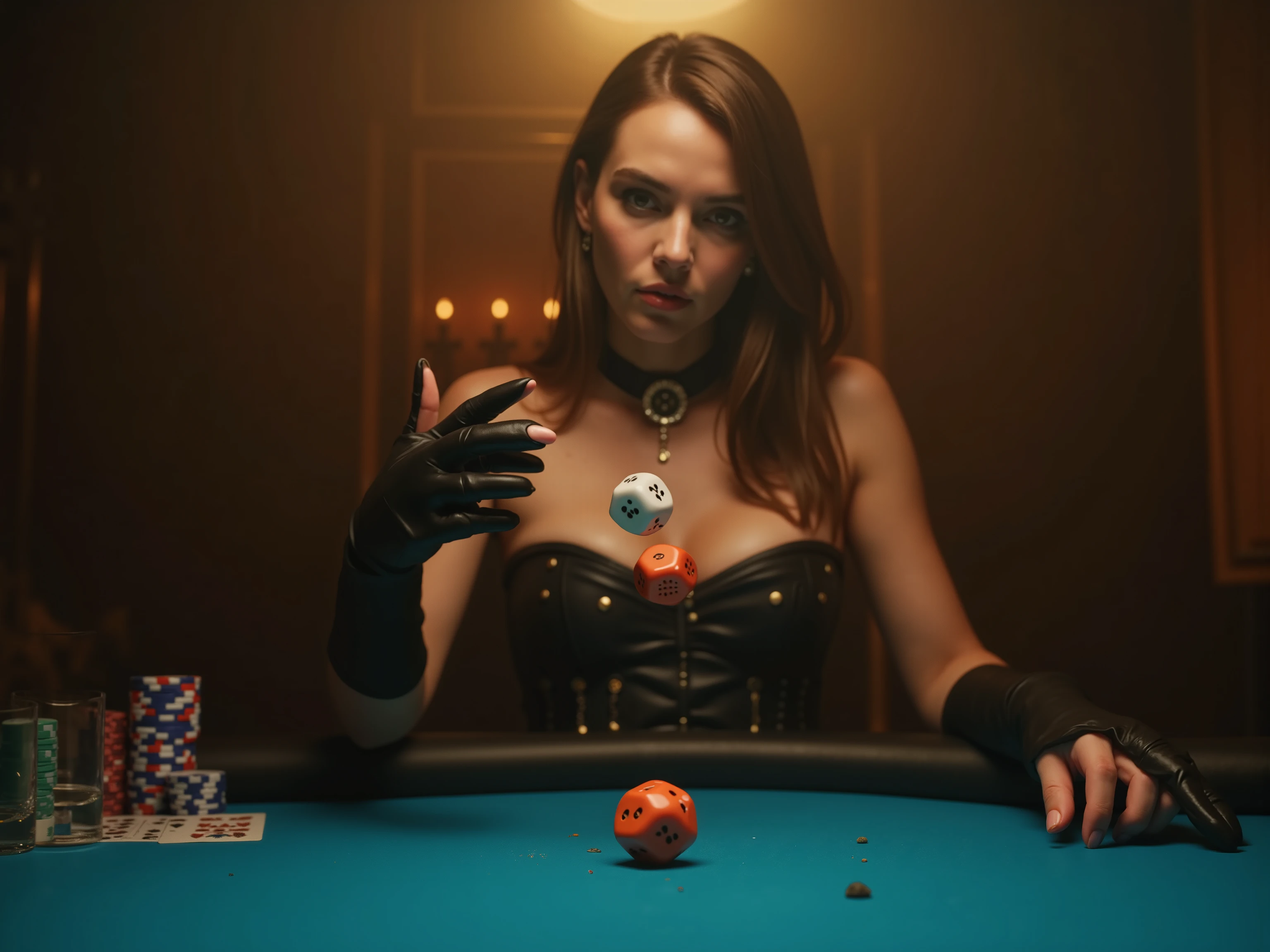 quality and details :
(8k, HD, ultra-detailed , photorealistic, masterpiece: 1.3), ( dramatic lighting , soft textures , cinematic atmosphere ).
scene and lighting :
In a smoky back room of an illegal casino, a woman drops two 10-sided dice from her hand onto a poker table — a bright blue with sex positions, the other knows .
The focus is on the moment , in which the cubes are out of their hand Glide and float just above the table , While cards , chips and glasses enliven the scene .
The woman is well lit : concealed , warm Spotlights immerse them in a golden light , that sets her apart from the smoky background .
character and atmosphere :
The woman is wearing a stylish cyber- Western-inspired outfit with a modern twist — a tight corset , plus a matching collar and elegant gloves .
Her gaze is concentrated , controls her posture casually , yet , as she drops the dice .
Stil und Inspiration:
An exciting , Realistic scene, which combines the dynamics of the cubes with the mysterious , smoky atmosphere of a secret game . Every moment is full of details , from the falling cubes to their stylish appearance .