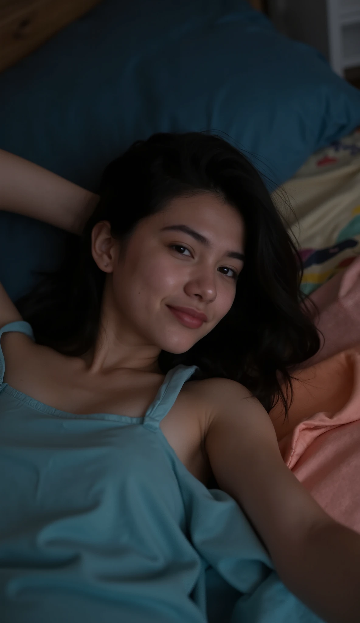 (( penetration)), ((Art work)), ( detailed), Brazilian, 21 years old, woman with shoulder-length black hair, at home, casual clothes, lying on the bed , smile, self-photo, bed with colored sheets , volumetric lighting, dynamic shadows , Bedtime at night, sleepy face, dark.