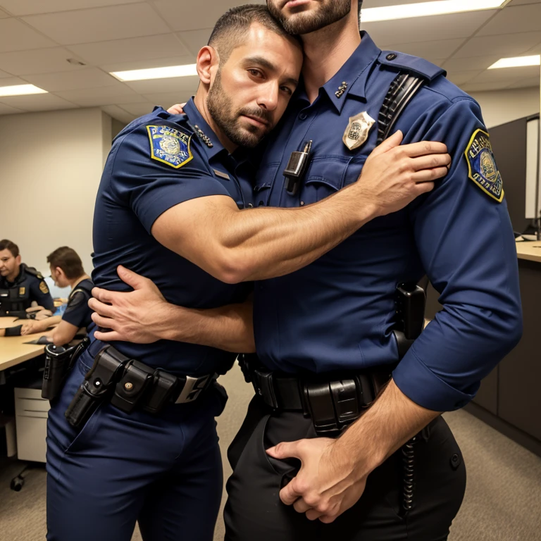 Masterpiece, best quality, high resolution, Close-up photo, focus man, policeman officer and male criminal, policeman officer is touching criminals bare ass from behind, Sensual and sensual touch, Caucasian, gay, two men, two menกำลังสัมผัสกัน, detailed face, 40 year old man, One was standing and the other was kneeling in front of him., one policeman officer and one criminal, in unbuttoned policeman uniform, two men in office, policeman, policeman, hands touching naked body, coax, policemanman, bleached blonde hair, messy hairstyle, Cute and seductive face, bare chest, body hair, facial hair, Roman nose, The body is very thin., Hairy legs, dimple, goatee, beard, thick jaw , Behind the dark room, soft light, amazing composition, HDR, Special quality, elegant, Highly detailed