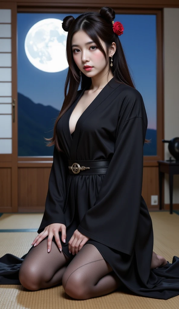 (8 thousand, RAW photos, top quality, masterpiece: 1.2、RAW photos)、portrait, High-resolution RAW color photos, professional photography, super resolution, 8 thousand Picture Wallpaper,(realistic, real photo: 1.3), 1 person, anatomically perfect body, very detailed, full body image, shiny lips, High-definition face and skin texture, eye for detail, shiny skin, big bust, Background of the Warring States Period in Japan, kimono, Pretty makeup, camera angle front, looking at viewer, light brown hair, natural hair