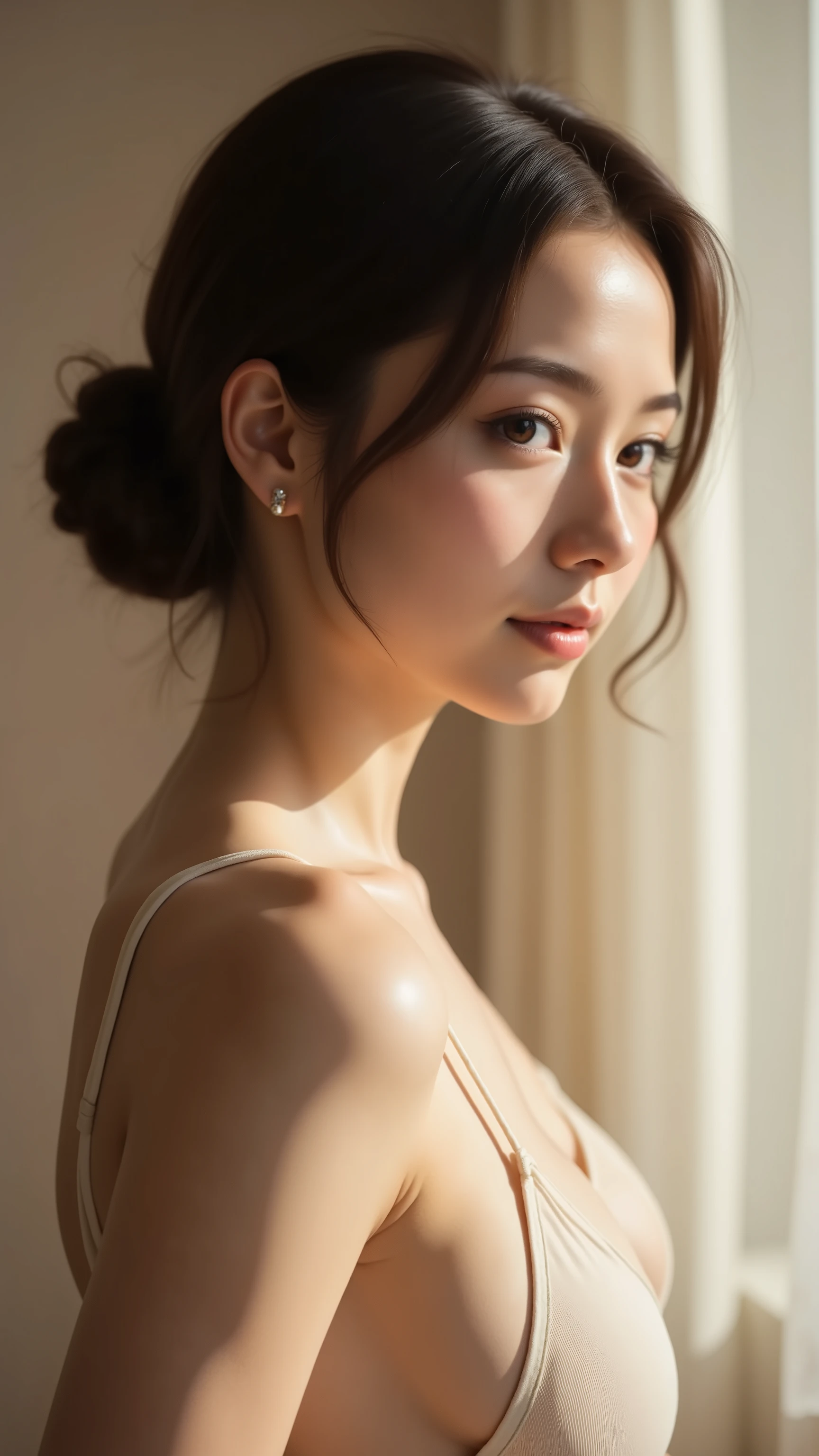 ((Best quality, 8k, RAW photo, Masterpiece :1.3)), (realistic、Photoreal:1.37)、Super detailed、super high resolution, (professional lighting), alone, 1 woman, solo, (30 years old), japanese, beautiful and detailed face, shining eyes, brown eyes, (scrawny:weight1.0) , Fine and beautiful skin, skin texture, (half updo, brown hair), nsfw,side view 1girl,looking away, smile, naked towel, in bath dressing room:1.3, sweat,wet,armpits,
from above