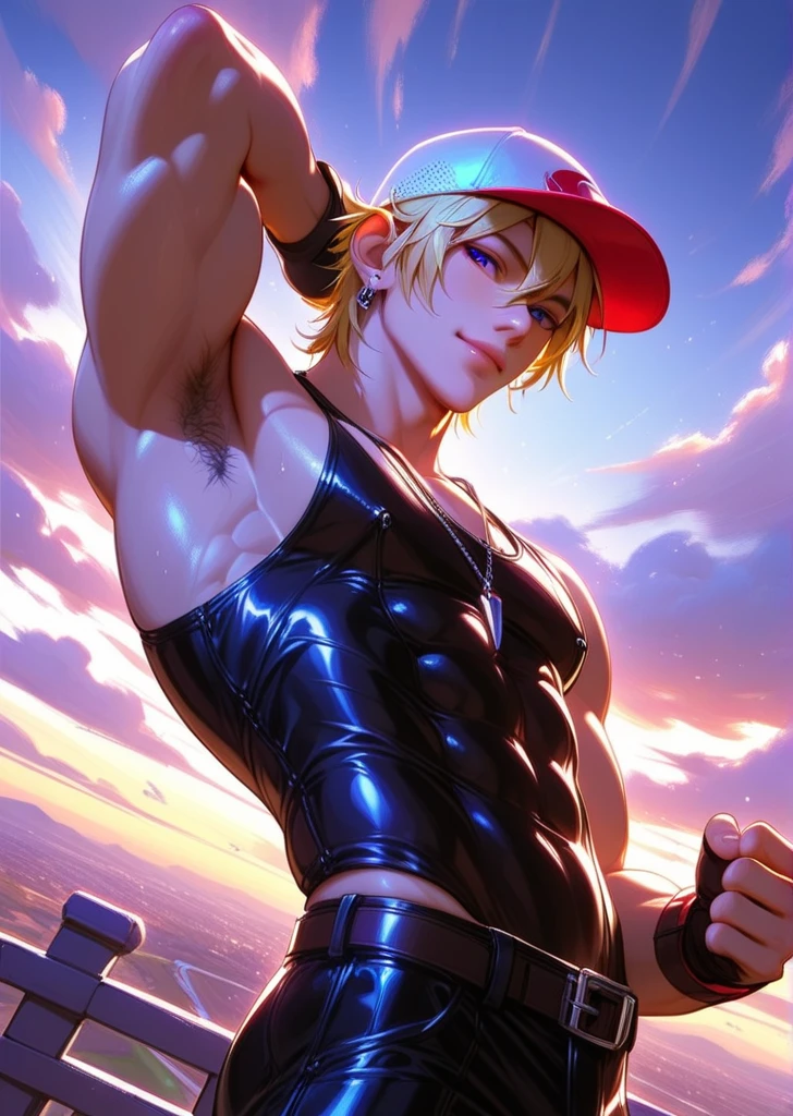 oung man, short blond hair, handsome face, tired expression, green eyes, large muscles, hyper pectoral, thick thigh, large butt. He's wearing a low-cut tank top, black pants, a backwards hat, and a silver chain around his neck, Big bulge