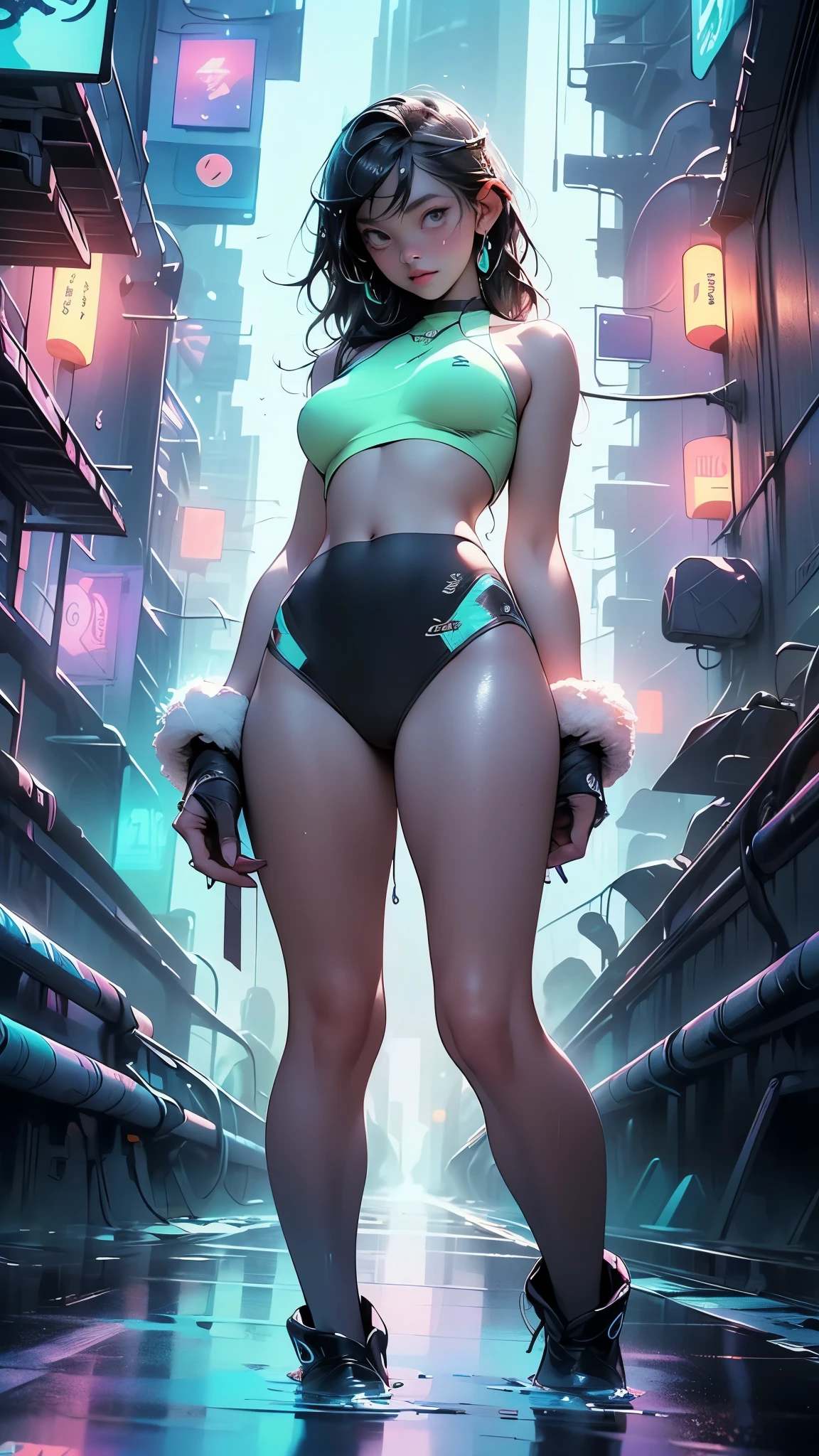 (masterpiece, best quality:1.1),
(8k, best quality, masterpiece, ultra highres, ultra-detailed:1.2),future technology,1girl,A samurai girl wearing a cyberpunk-style mecha costume,Shining laser Japanese sword,dynamic poses,(glowing electronic screen),(Electronic information flow:1.3),Holographic projection,(Glowing electronic screen on arm:1.2),whole body,Multi-wire striations,Luminous text on thigh,(girl pose:1.2),Glowing electronic shoes,whole body,Colored smoke,City blocks,skyscraper,neon lights,