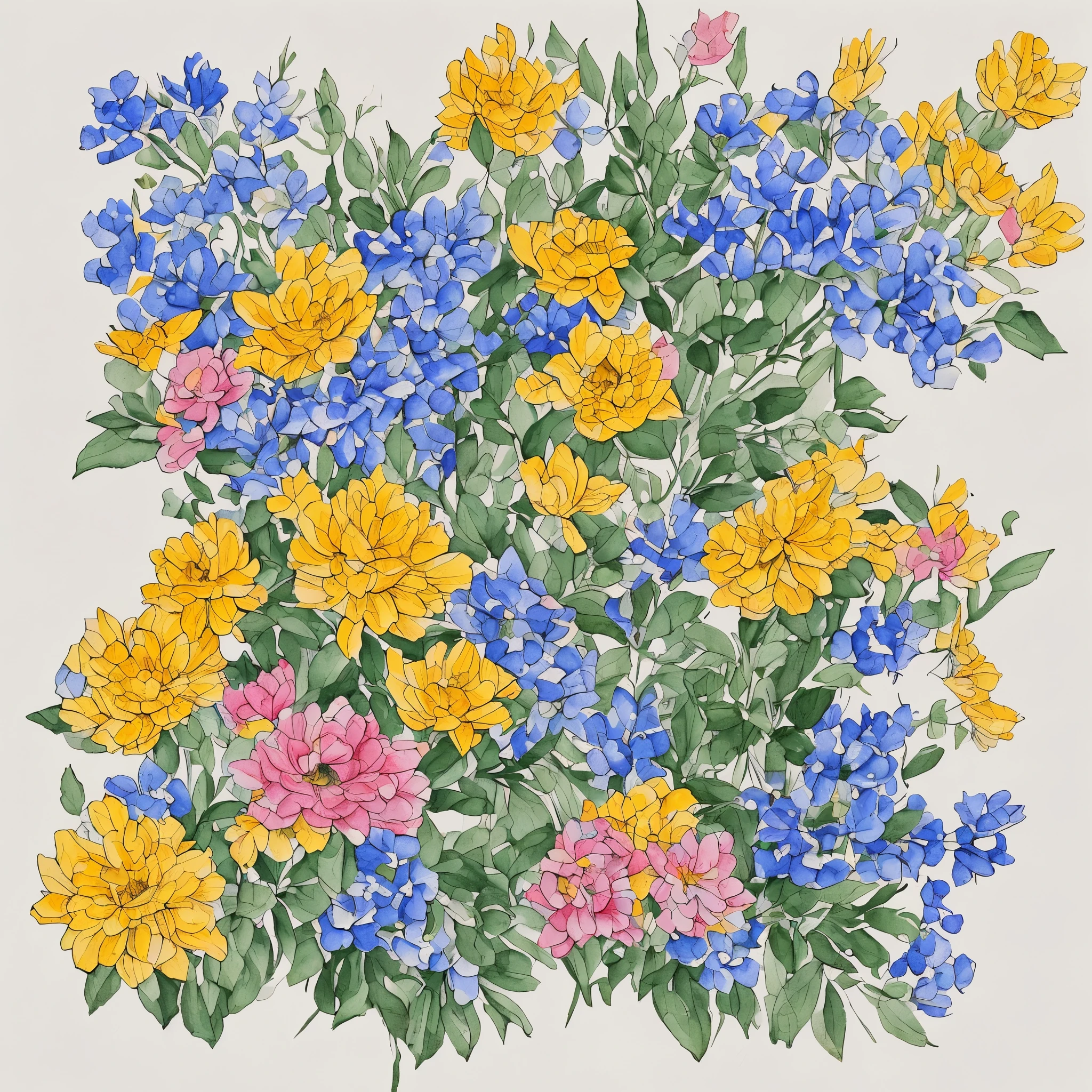 basic settings
Blue 、green、 yellow watercolor on a background that is softly blurred by gradation、 bright flower arrangement in the center 。 Thin gold and silver lines gracefully accentuate the outline of flowers and leaves 、 single picture with overall unity 。

 style
Delicate and transparent watercolor style 。 background in soft natural tones 、 style with metallic luster as an accent 。

 composition in high resolution
Use the entire canvas evenly to give the 、 centered composition 。 Background gradation is adjusted to enhance flowers 。

 technical parameters
Specify 、 soft brush texture 。 gold and silver lines a realistic glow 、 adjust overall balance 。