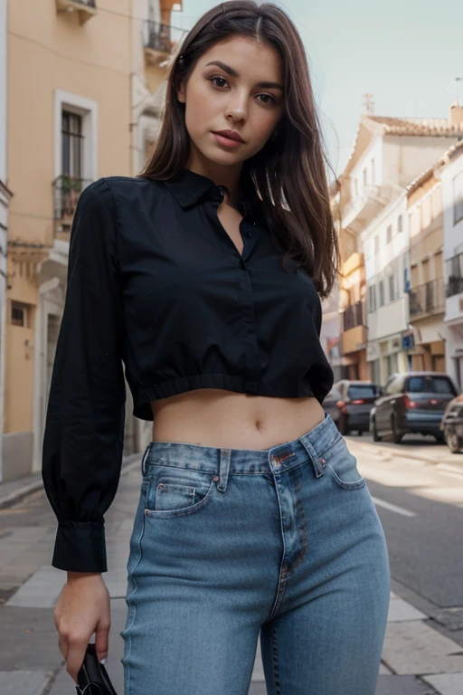 (corpo todo), (na cidade movimentada chuva), a 40 year old woman looking at the camera, Cabelo ondulado longo, rosto lindo detalhado, sorrindo levemente, vestido jeans longo, long, athletic legs, action photo, copos, fundo cidade, dia, chuva, foto realista, CG, art station, obra de arte, High Definition Photography
