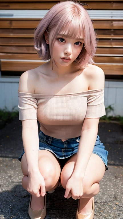 (8K、Raw photo、Highest quality、masterpiece:1.2)、(Realistic、Photorealistic:1.37)、Ultra-detailed、Ultra-high resolution、(((Pink beige short hair)))(((Hamao、Cute and well-proportioned face)))(((Black off-the-shoulder T-shirt、Denim mini skirt)))、Cleavage Emphasis、Aggressive、(((Squat down with your knees apart、Shiny panties visible through her miniskirt)))