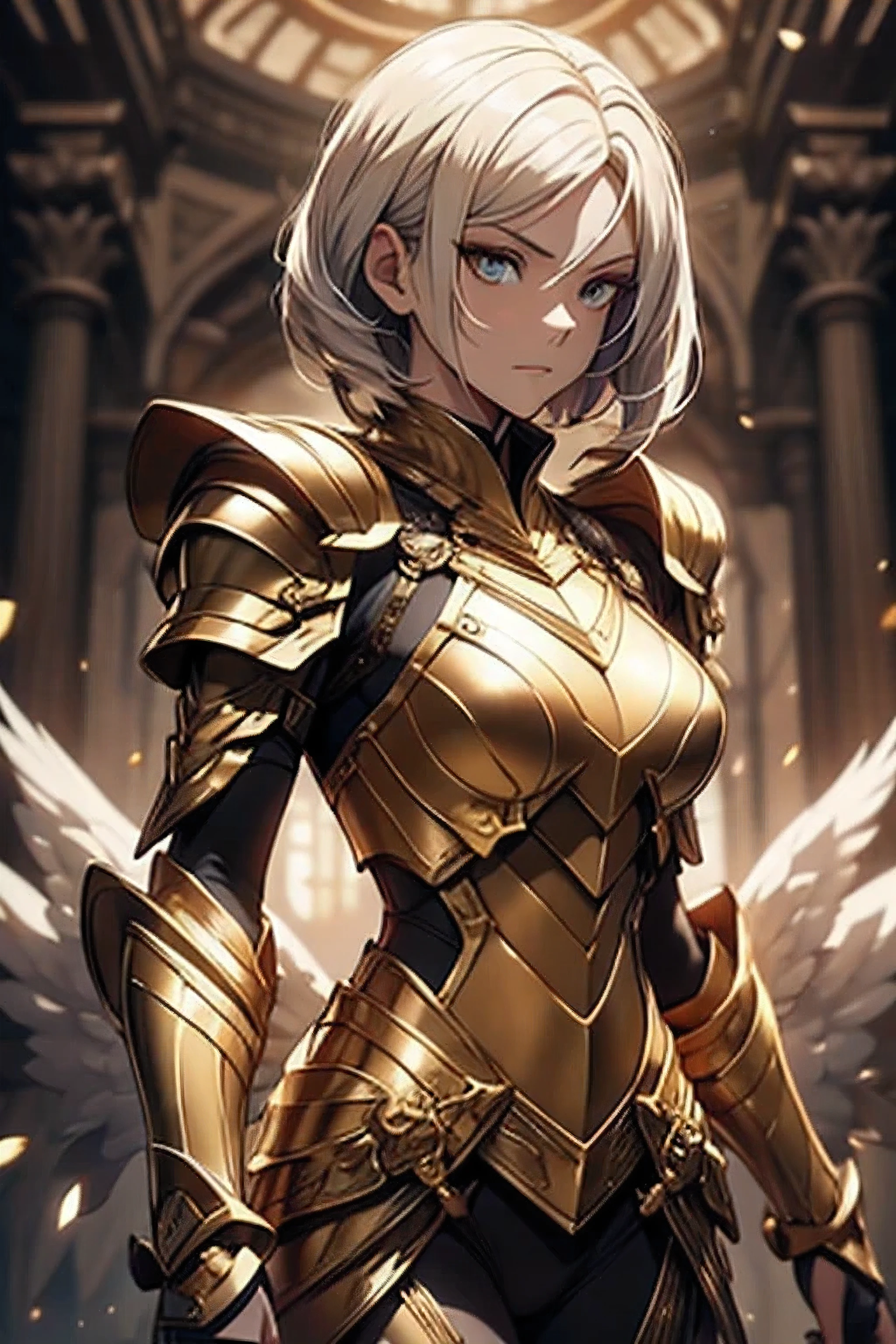 a young woman alone. 20 years. full body costume, short blond hair . Light fighting armor, golden, with . haughty look. shiny golden eyes . detailed eyes . serene countenance, series