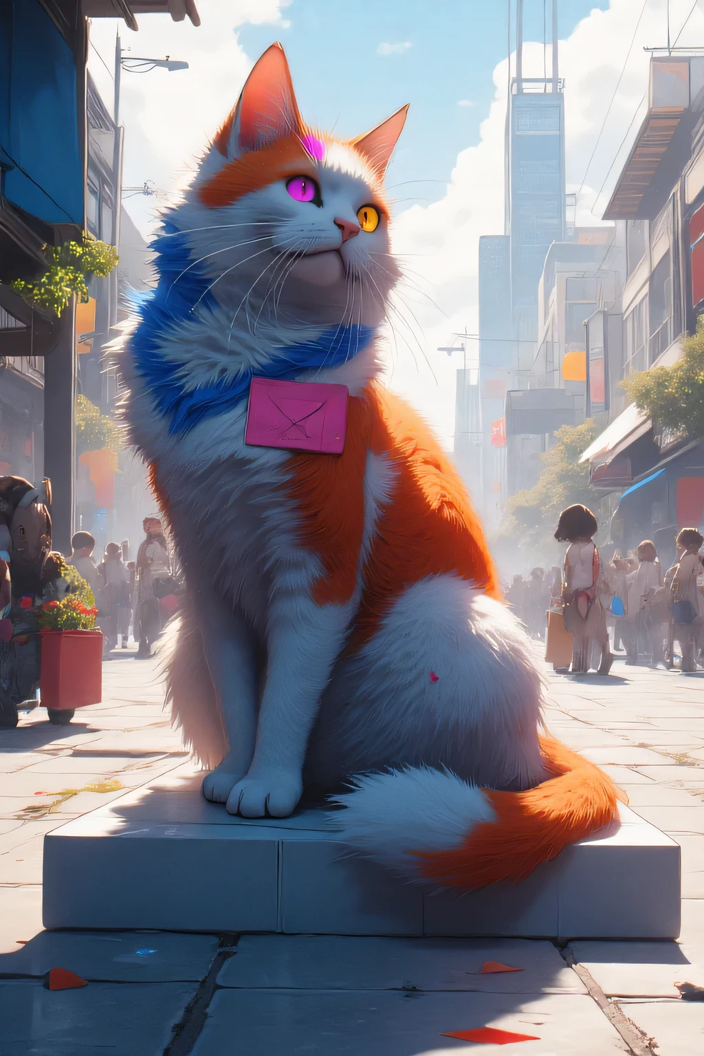 Colourful cat sitting on the square bench , watching people go by on a sunny day. Simple background , high resolution , quality, Textured Skin , brilliance, throw,