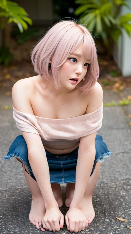 (8K、Raw photography、top-quality、masterpiece:1.2)、(realisitic、Photorealsitic:1.37)、ultra-detailliert、Photo of one person、beautiful mature lady、50 years old、Born in the 1970s、cute little、独奏、((Under the sky in beautiful detail:1.3))、((On the lawn:1))、((Spread your legs for your audience))、((Do not hide your crotch with both hands))、((thrust out one's hip))、((Posture as if straddling a Japanese-style toilet))、((Squats with legs spread in an M-shape))、((Sensational provocative pose:1.15))、((Pink ash hair on the head))、(Virgin female genitalia perfectly visible for your audience))、Redhead pubic hair、((Exposed small breasts:1))、((A-cup breasts:1))、 ((small of pink color,))、Happy bright smile、Beautiful teeth alignment、(blush of the nose)、((A smile:1.25))、((Urine))、seducting smile、profetional lighting、Illuminate the front of the subject、Sony A7R4、Zessie 50mm f1.8、Beautiful Detail Eye、((Thin tennis look on green-yellow fabric:1.1))、(short-hair:1.32)、(Floating hair:1.32)、