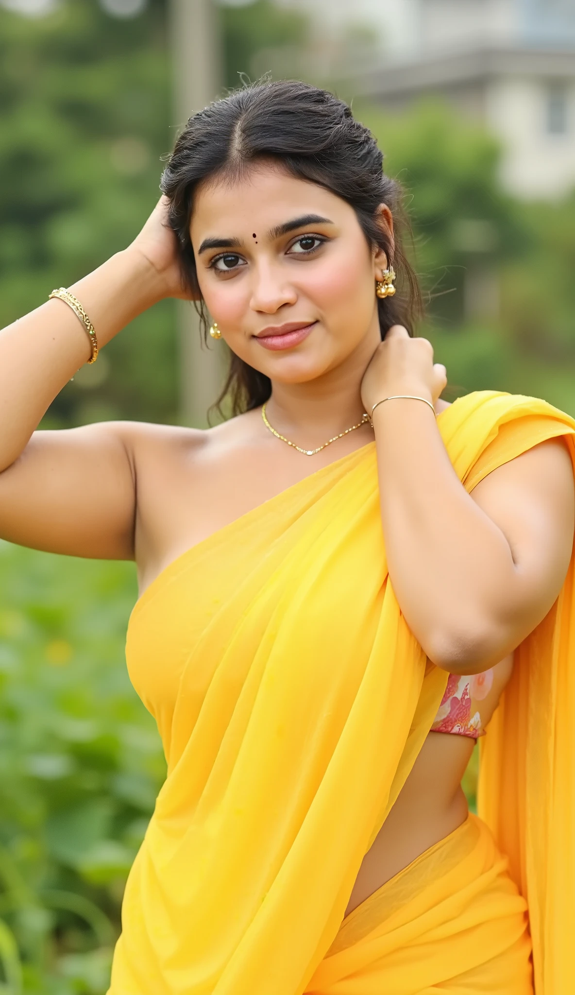 Looking at the viewer with sexy look, front view,Indian sexy bhabhi, wearing glossy saree,tight yellow sleevless strapless bra, dancing outside in rain,dripped wet in rain, half drape saree,both hands on head showing dark hairy armpits,detailed wet skin,with hands up, showing dark armpits,showing nipple pokies flat stomach, popping out,Indian mature sexy voluptuous shape figure bhabhi 35 years old, big enomours gigantic humgous breast,hair bun,big ass,big bust,big breast,showing deep huge cleavage,big fluffy breast coming out of tight string blouse,showing navel,(best quality,4k,8k,highres,masterpiece:1.2), ultra-detailed, (realistic,photorealistic,photo-realistic:1.37), detailed eyes, detailed lips, extremely detailed face, long eyelashes, realistic skin, beautiful colors, natural lighting, elegant pose, cinematic composition, detailed fabric,no jewellery