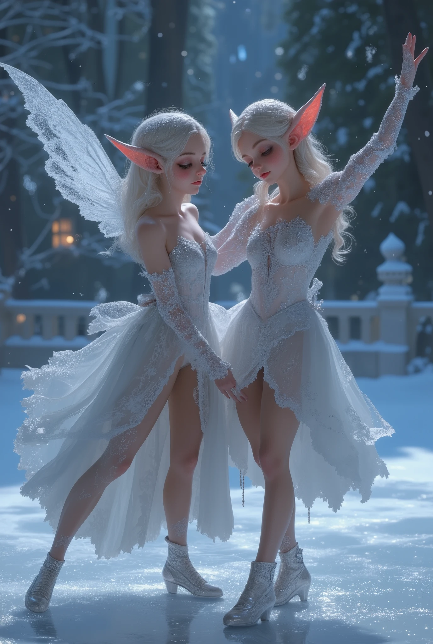 A beautiful dance on ice featuring two elfs, dressed in glossy dresses, realistic and fantastical atmosphere, ethereal lighting, intricate details, whimsical background, soft glows, elegant poses, magical winter scenery