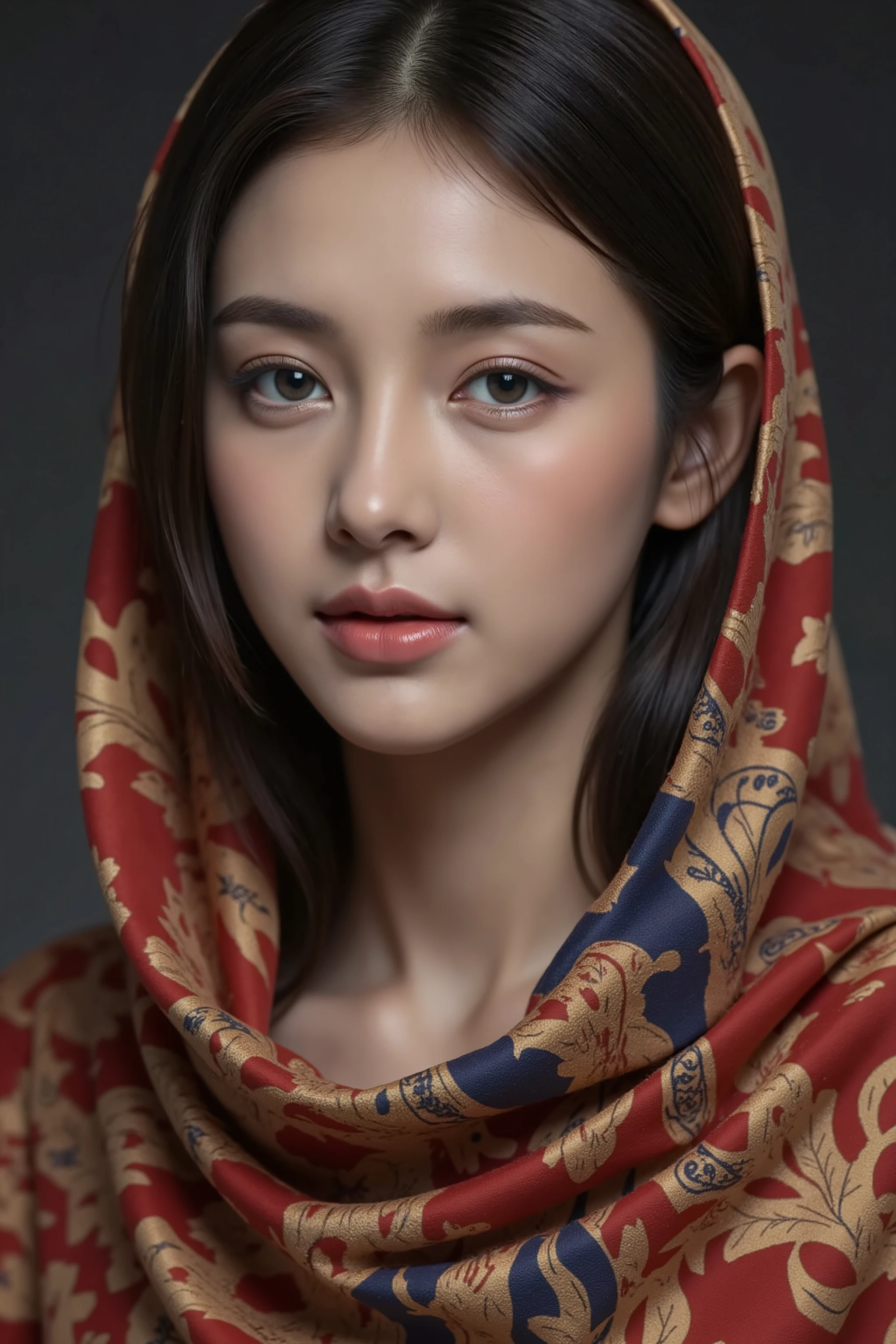 This is a highly realistic digital painting of an East Asian woman with fair skin and long, straight black hair. She wears a vibrant, patterned scarf draped over her head and shoulders, featuring intricate red, gold, and blue designs. Her expression is serene and slightly melancholic, with large, expressive eyes. The background is a dark gradient, highlighting her face and the colorful scarf. The painting is hyper-detailed, capturing the textures of the fabric and the softness of her skin.