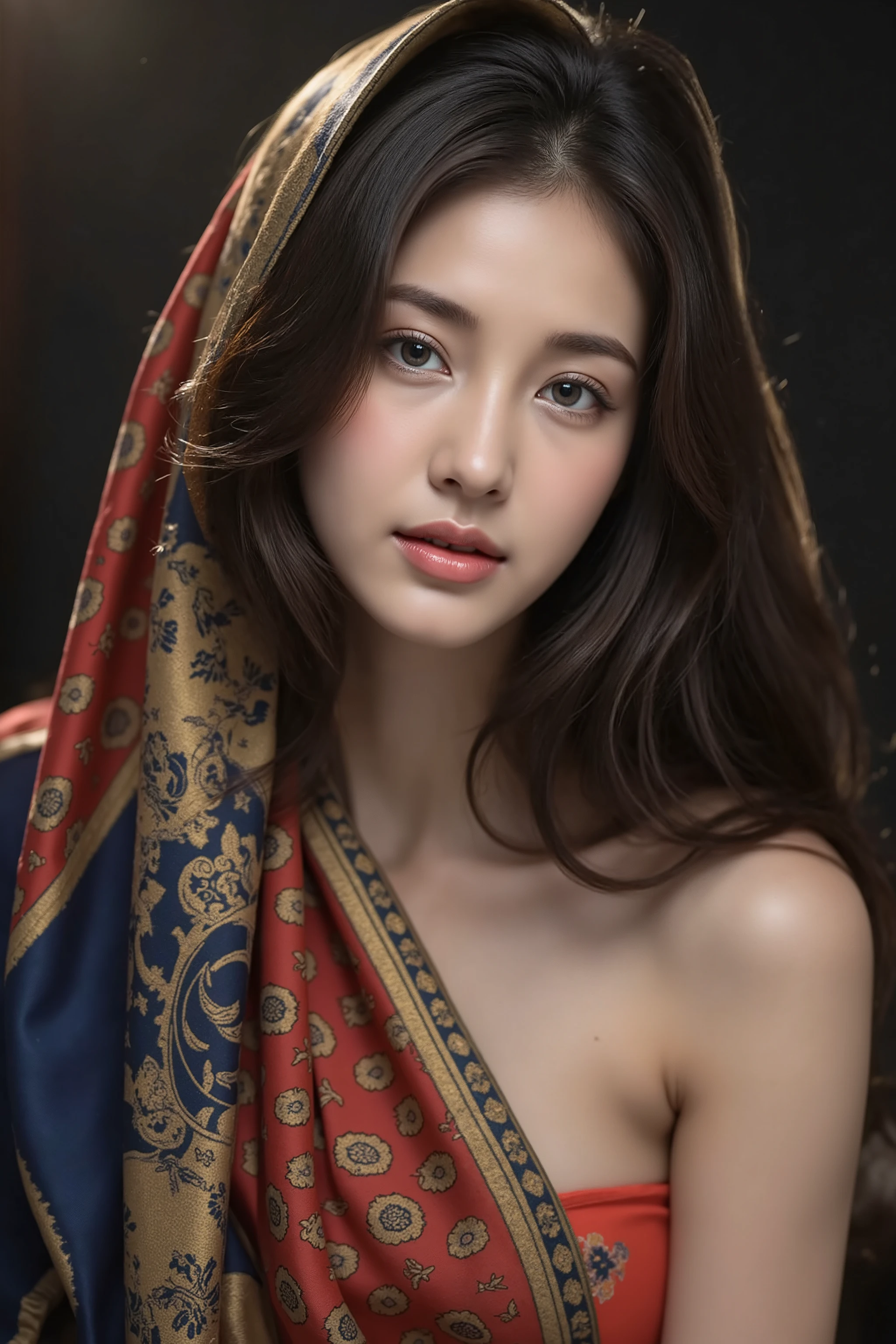 This is a highly realistic digital painting of an East Asian woman with fair skin and long, straight black hair. She wears a vibrant, patterned scarf draped over her head and shoulders, featuring intricate red, gold, and blue designs. Her expression is serene and slightly melancholic, with large, expressive eyes. The background is a dark gradient, highlighting her face and the colorful scarf. The painting is hyper-detailed, capturing the textures of the fabric and the softness of her skin.