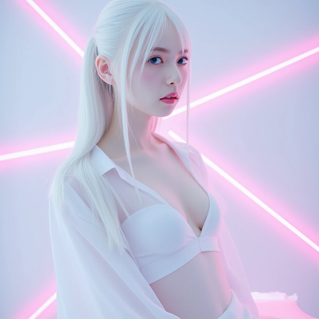 masterpiece, highest quality, (solo focus), (perfect face:1.1), (high detail:1.1), (hyper detailed eyes), 1 young sensual ultra hot Thailand Girl , (pale skin), long white hair, ethereal eyes, (light eyebrows), solo, long hair, JTiago Azevedo, moon, night, white luxury transparent overall suit, no bra, no pants, pouty lips, fur, proud expression, city alley, detailed background, art by artgerm, cinematic lighting, neon lighting , fashion, modern design Cyberpunk style
