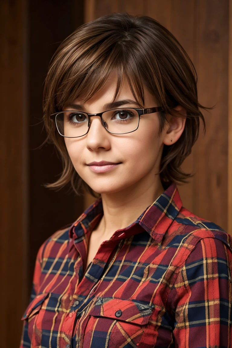 solo, 1girl, 39yo like a teenager, messy brown hair, short hair, disheveled shaggy hair, brown eyebrows, brown eyes, glasses, half-body, red tartan shirt