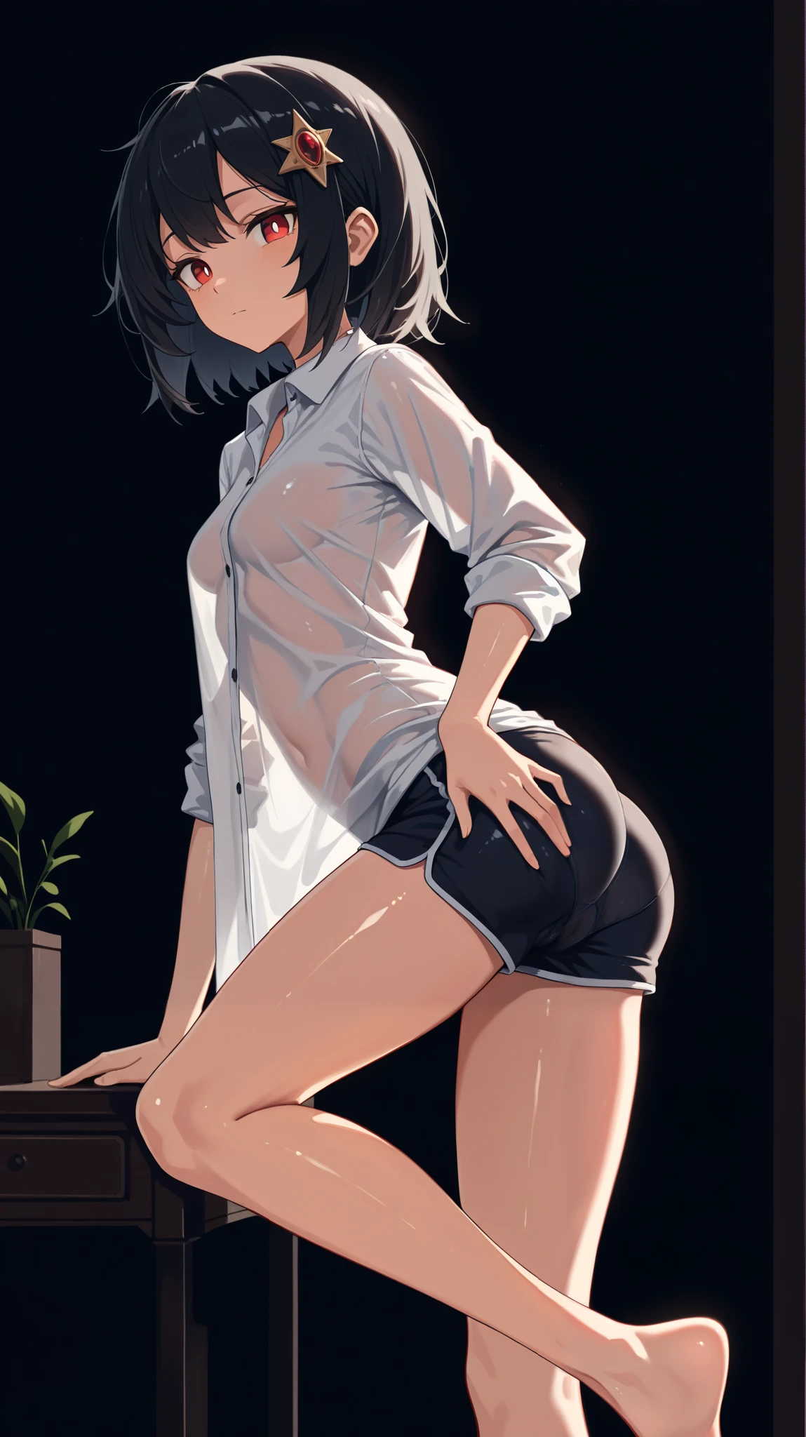 ((Medium Shot)), beautiful girl, slender, very short brown hair, wear a white long-sleeved T-shirt, white bikini panties , Perfect hands, Perfect body, put her feet on the table., barefoot, The eyes out of sight , ((Exquisite detail)), Very finely crafted fingers(((10 fingers))), , (Full-body showcase), (Show your whole body), (No logos on background), (No logo), ((Plain background)), ((Plain background)), bare foot, The camera frame is taken from below.,