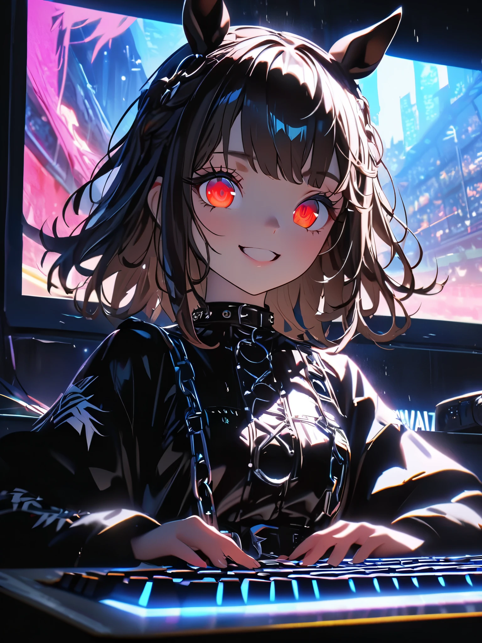 1 girl, cute茶色の馬の着ぐるみを着ています 、 in , beautiful eyes、 I'm wearing a keyboard with amazing shadows from Every Little Details , Soft light, Masterpiece, top quality , complicated , Tone Mapping . Charterner v2 , , clear focus , dramatic lighting , Very cinematic, super Practical painting, art station trend , 8k, の素晴らしい影が付いた keyboard , Practical, whole body, View, Viewers, Portrait of a Girl 1, standing at the racecourse , Heavy rain and thunder、Dark Skies, neon and cyber punk background, she is dressed in punk clothing with silver chains and silver spikes, Her hair is dyed black ..........Ominous aura of light, smile, punk, ciber punk, backlit. : cute , . standing at the racecourse , . Beautiful red eyes. cute , Dressed as a brown horse . . keyboard . . cute ribbon.6 Dressed as a brown horse 馬のコスチュームを着た1歳の女の子
